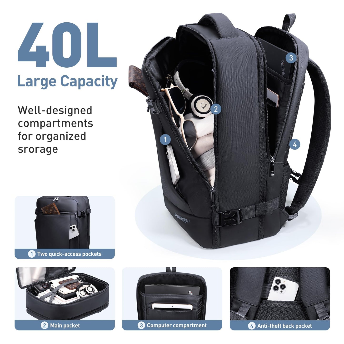 SHOWKOO Laptop Backpack for 17 Inch Laptop, 40L Expandable Large Capacity Backpack, TSA Carry On Travel Backpack with Padded Laptop Compartment, Water-Resistant College & Commuter Bag, Black