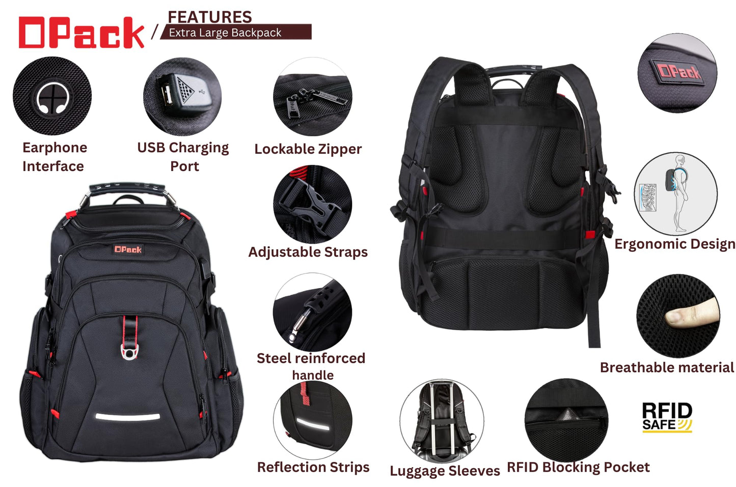 OPACK Travel Business Laptop Backpack, Anti Theft Slim RFID Blocking pocket Durable 17.3 Inch Laptops Backpack, USB Charging Port, Water Resistant