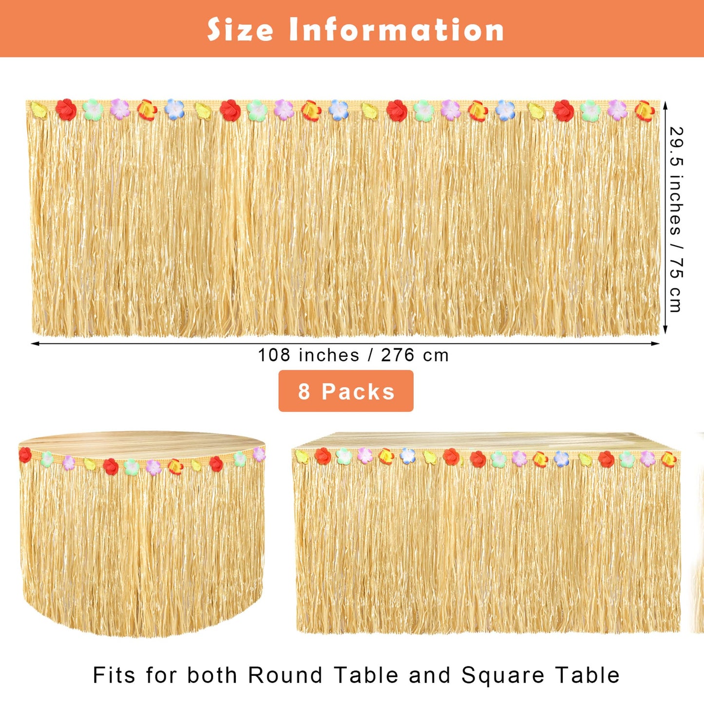 Fovths 8 Pack Luau Grass Table Skirt Natural 9 Feet x 29.5 Inch Hawaiian Table Skirt for Tropical Hawaiian Party Decorations Luau Costume, Straw Yellow