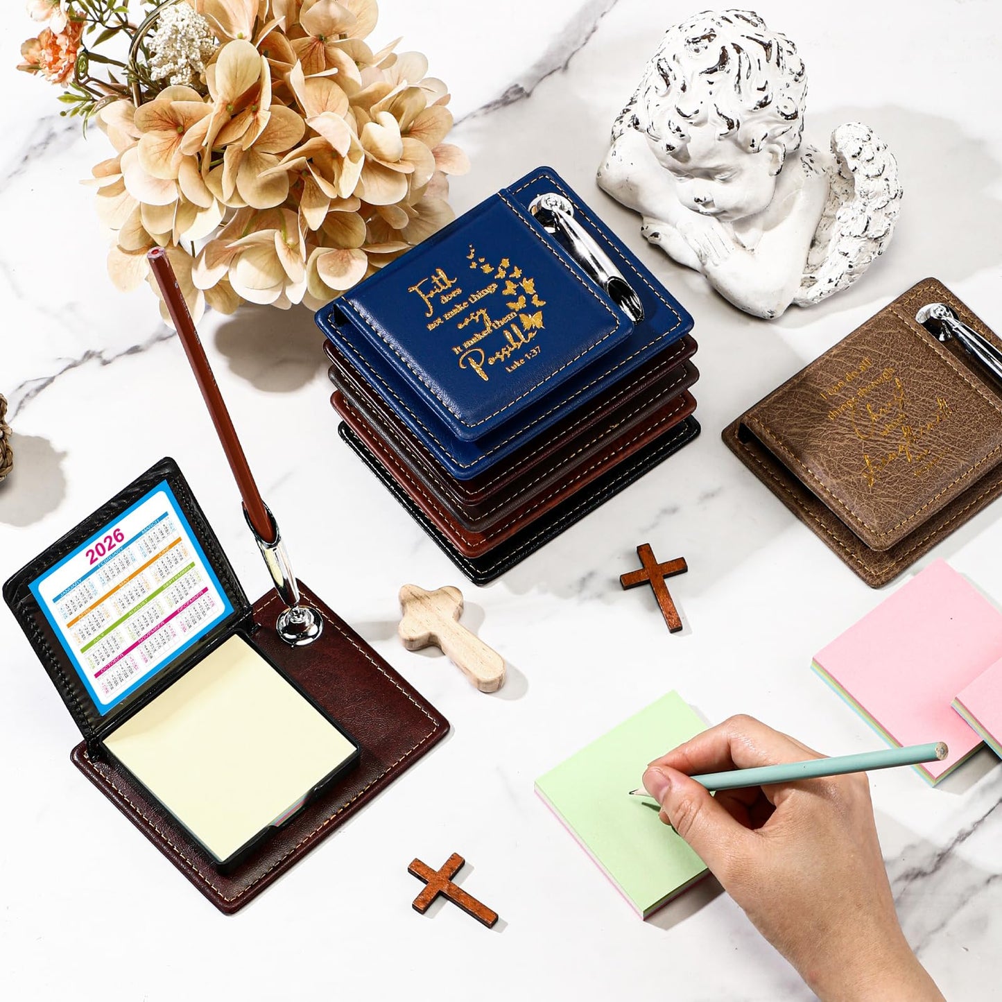 Spakon 12 Set Fathers Day Christian Gifts Bible Verse Sticky Note Holder for Inspirational Church Gifts PU Leather Box with Pen Holder for Church Religious Gift Mother Dad Women Men (Mixing Colors)