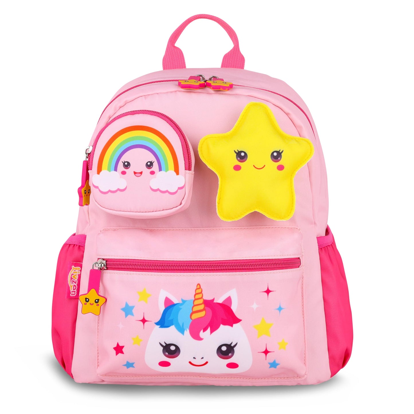 Livzen Pink Unicorn Rainbow Toddler Backpack, 12-inch, for girls aged 2-4. Features detachable 3D pouches,stickers and safety leash, for kindergarten and preschool, Perfect Christmas or birthday