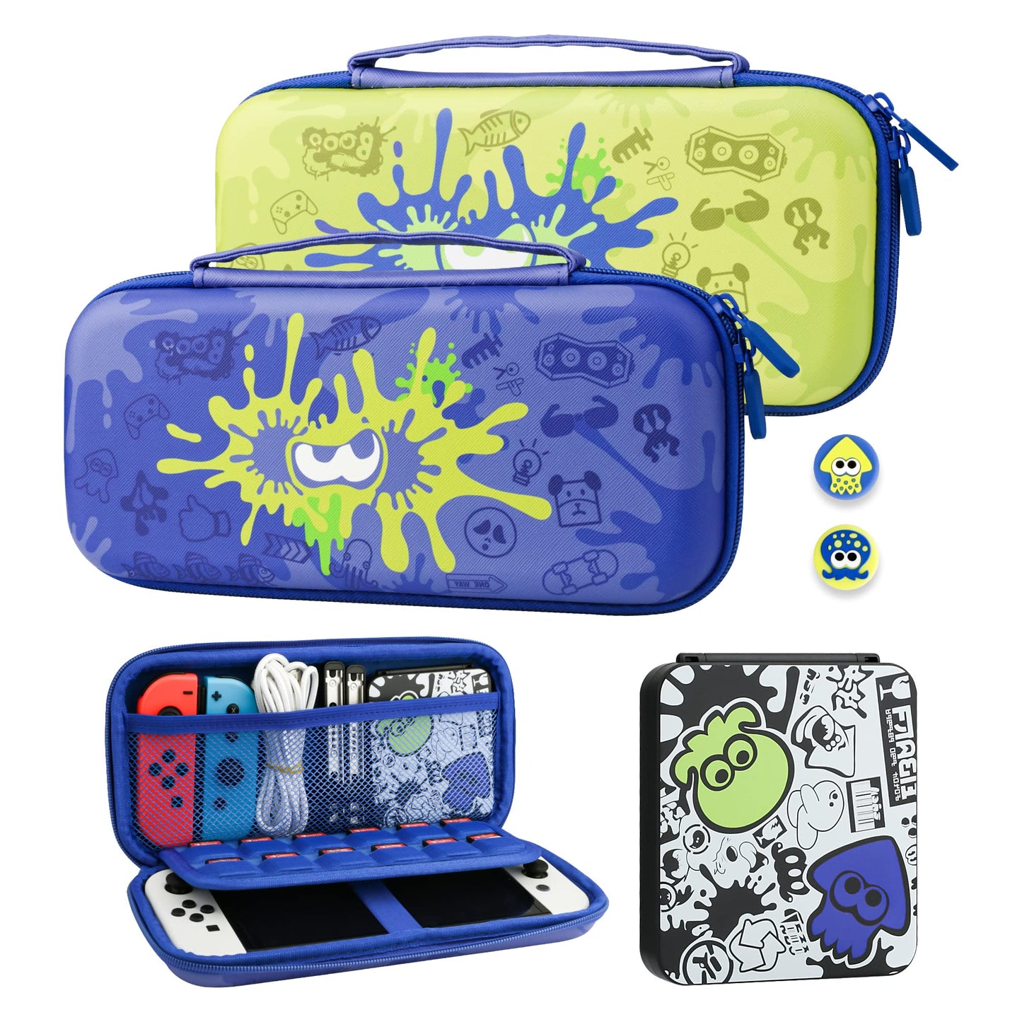 RHOTALL Blue Carrying Case for Nintendo Switch & Switch OLED Cover for splatoon 3, Hard Portable Travel Case for Switch Game Accessories Bundle Kit with Game Case and 2 Thumb Caps - for boys girls