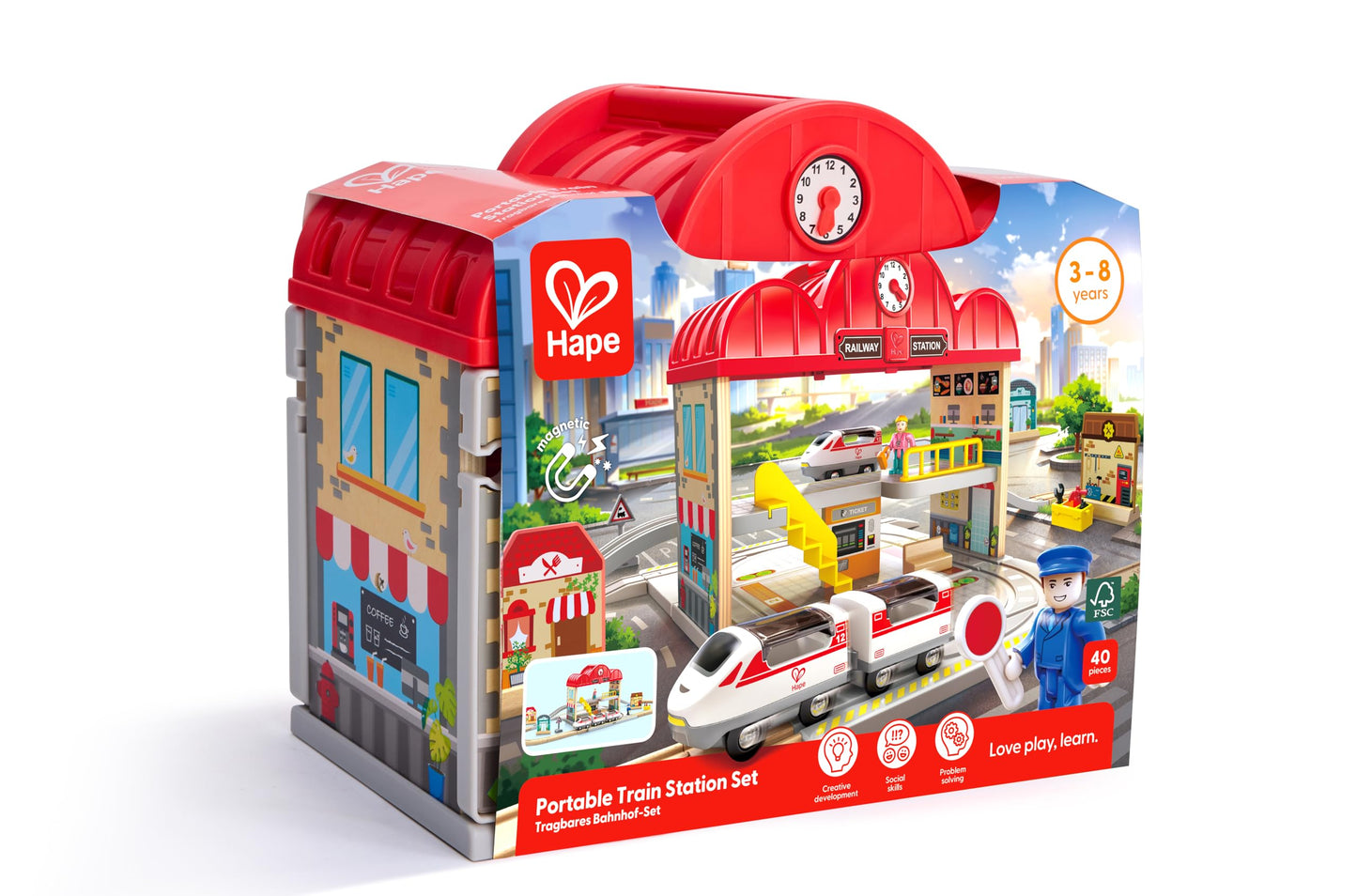 Hape Portable Wooden Train Station Set, Children's Train Set, Rails, Train Station and Characters, Easy to Carry