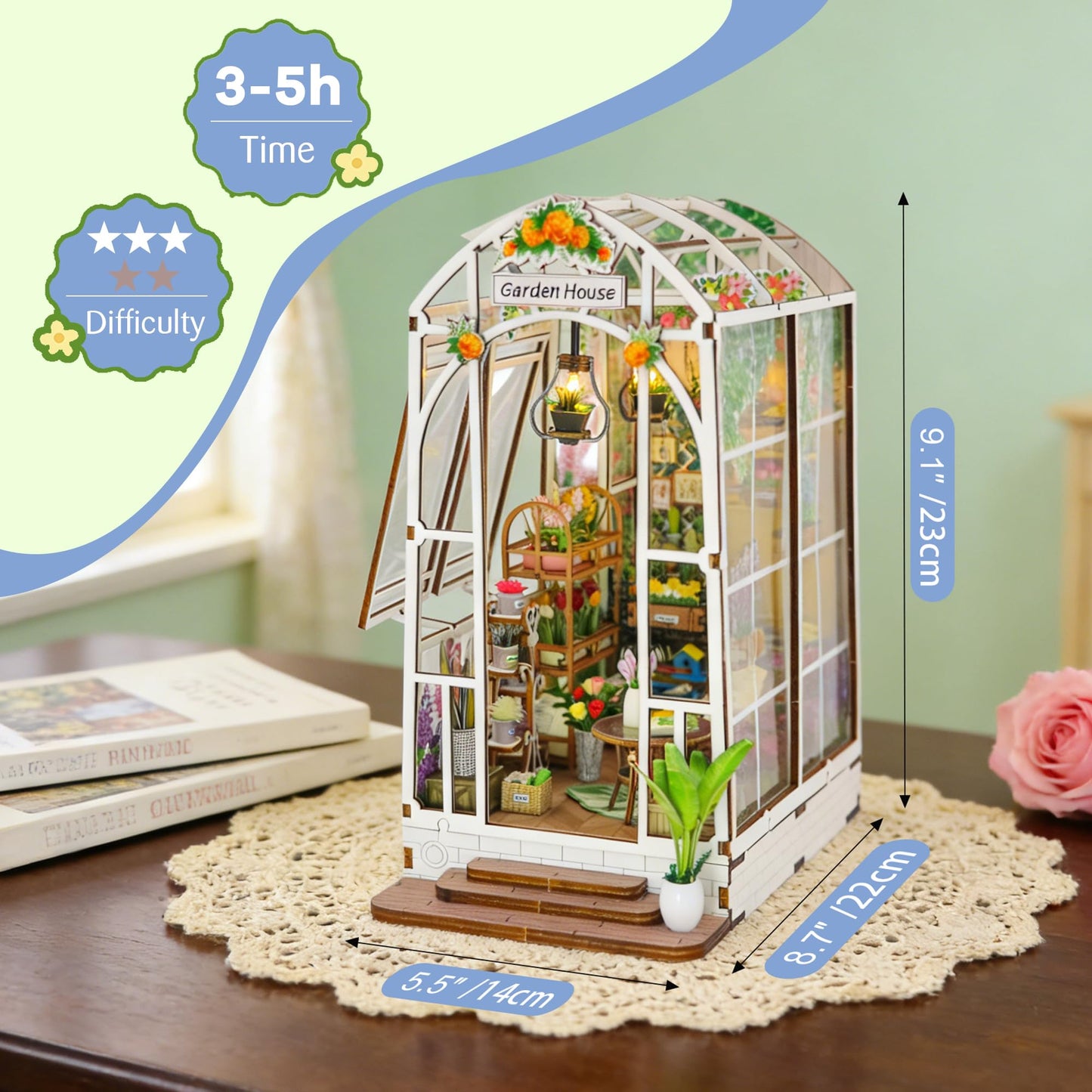 Soothee DIY Miniature House Kit, DIY Book Nook with LED Light, 3D Puzzles for Adults and Teens, Dollhouse for Bookshelf Decor, Tiny House Building Kits for Craft Lovers (Garden House)