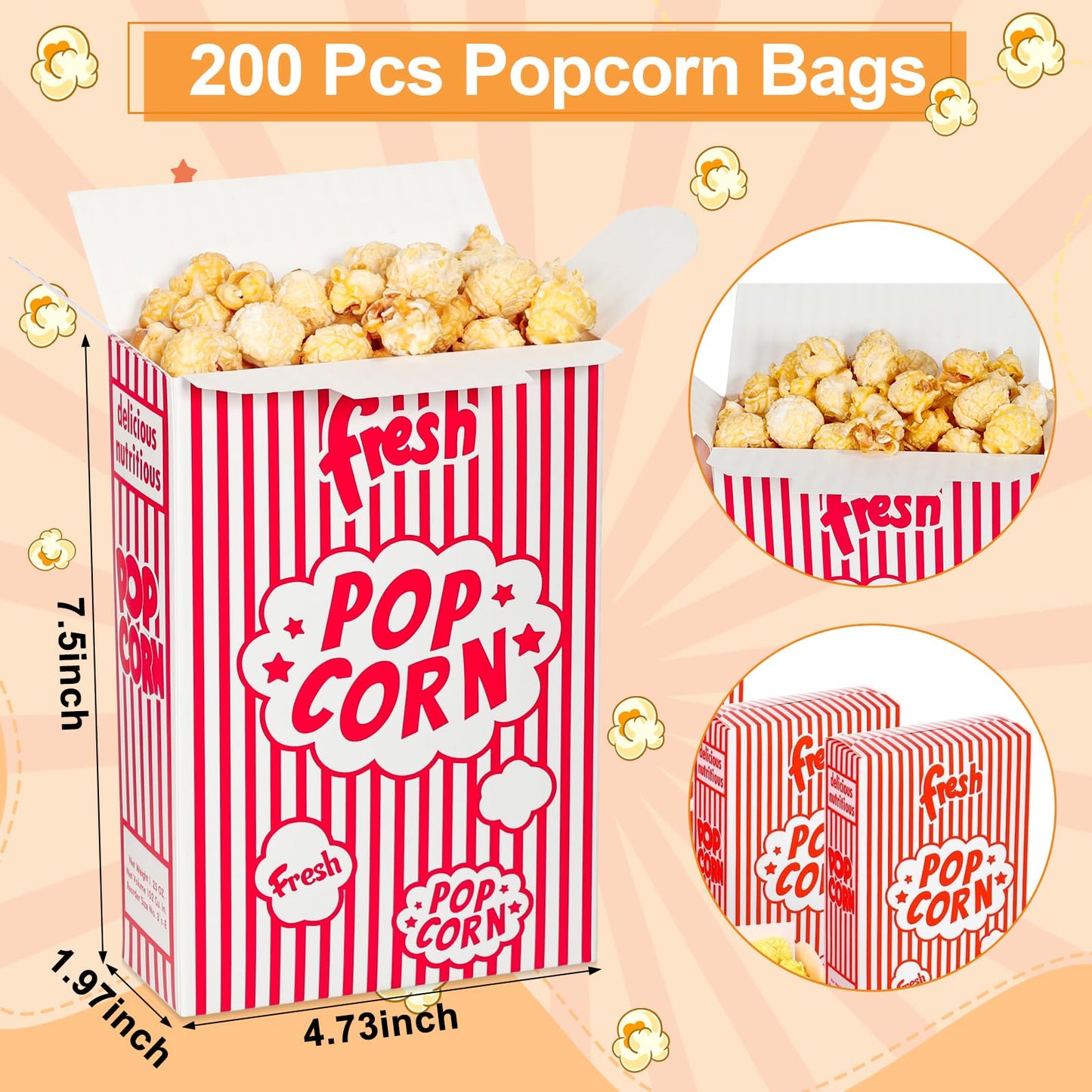 Dualshine 200 Pack Popcorn Boxes,1.25 oz Paper Popcorn Containers,Red and White Striped Close-Top Cardboard Pop Corners Bags Individual Servings for Theater Night Movie,Party,Christmas