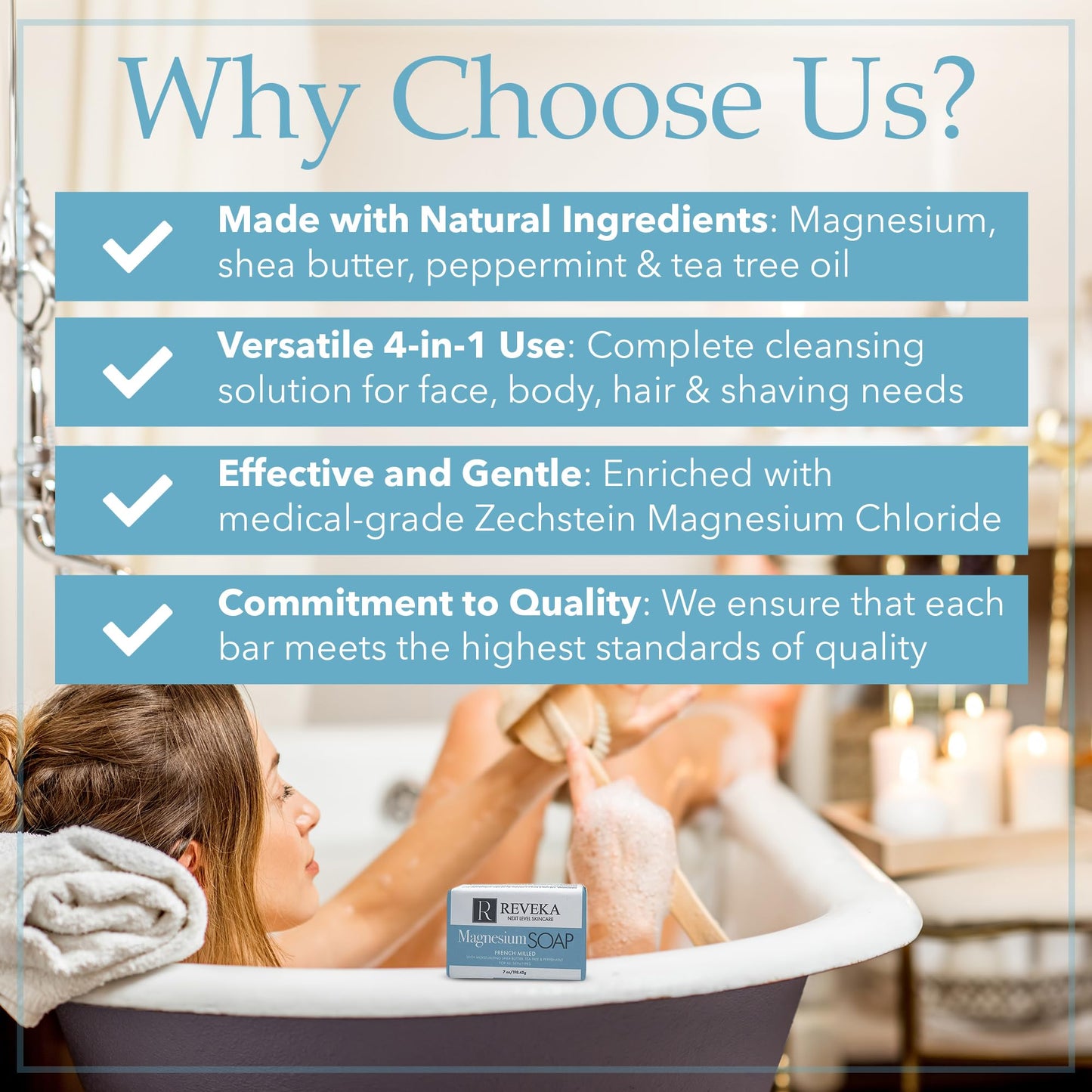 Reveka Skincare 4-Pack Magnesium Soap Bar - 4-in-1 Natural Soap Bar for Face, Body, Hair & Shaving | Triple Milled Bar Soap with Shea Butter, US-Crafted Peppermint Soap, 4 Bars (7 oz. Each)