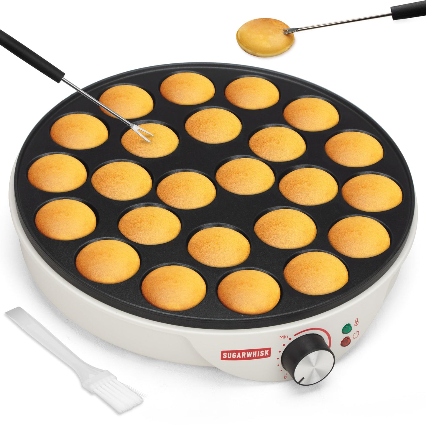 SugarWhisk 24 Slots Mini Pancakes Maker, Poffertjes Maker Pan, Thin Ebelskiver Aebleskiver Pan, Electric Pancakes Maker, Dutch Pancake Machine, Browning Controllable, with Brush & Forks, White