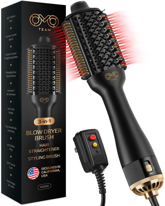 Blowout Brush Hair Dryer, Dual Voltage 3-in-1 Blow Drying Brush, Ionic Hair Straightener Comb Tool w/No Heat Damage, Light 1.3lb Blowout Tool, Blow Dryer Curling Wand and Hot Air Styler for All Types