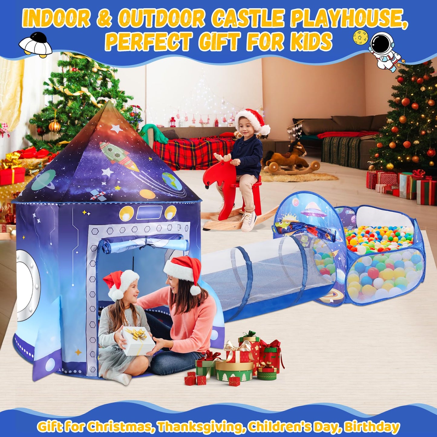3 in 1 Rocket Ship Play Tent with Tunnel Ball Pit for Kids Space Themed Pop Up Playhouse Indoor Outdoor Astronaut Tent Set Toy Gift for Boys Girls Toddler Baby Child Games Birthday Party