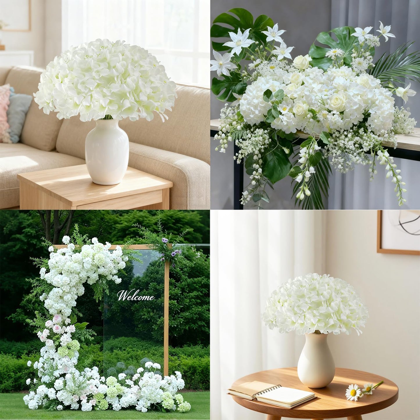 Cherica 65Pcs White Hydrangea Artificial Flowers Bulk，Realistic Silk Fake Flowers with Stems，Faux Hydrangea Flowers for Wedding Home Decor Centerpieces Living Room Garden Party Baby Shower Decoration