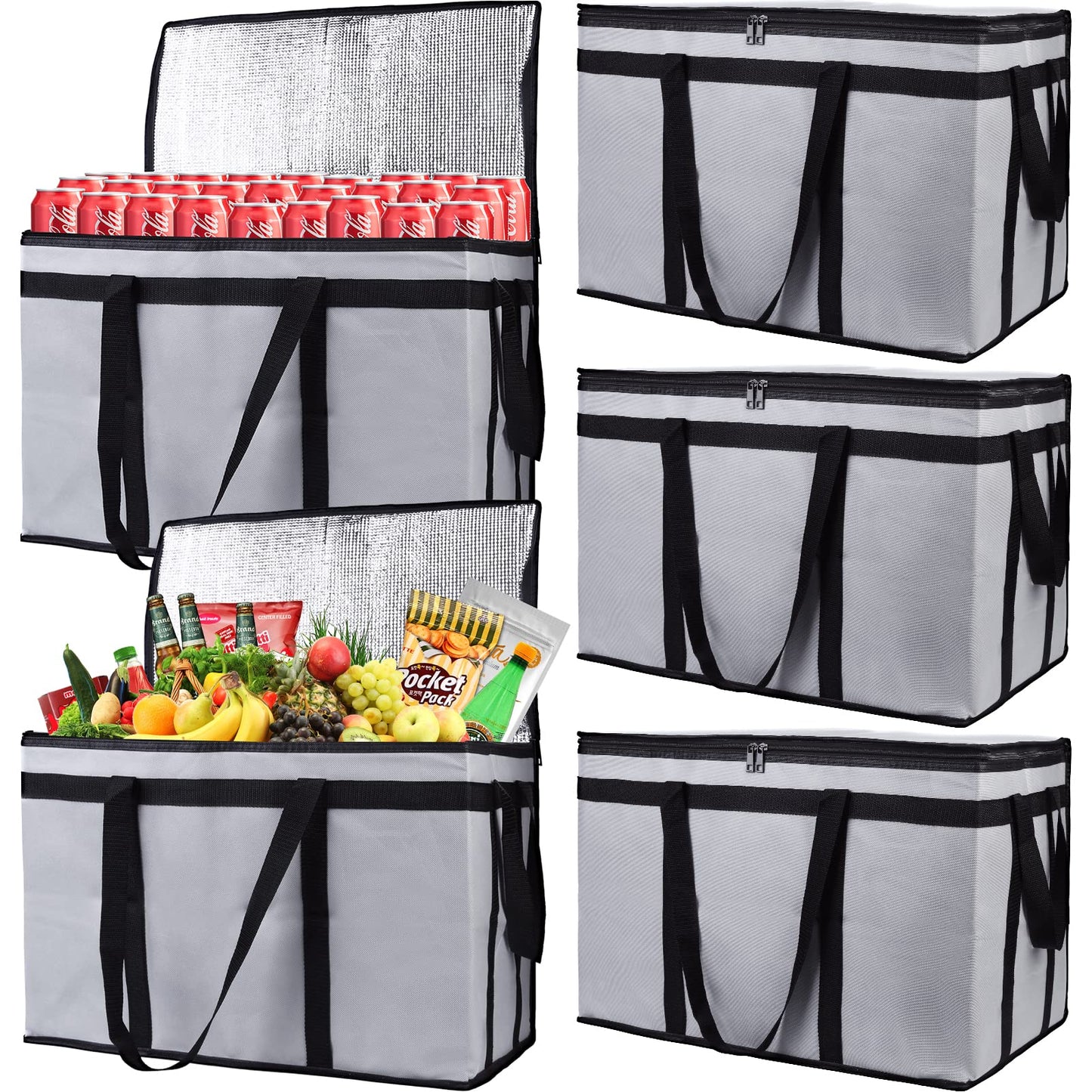Bodaon 5-Pack Insulated Food Delivery Bag for Hot and Cold Meal, XXX-Large Grocery Tote Insulation Bag for Catering, Pizza Warmer, Cooler/Thermal Bags, Grey