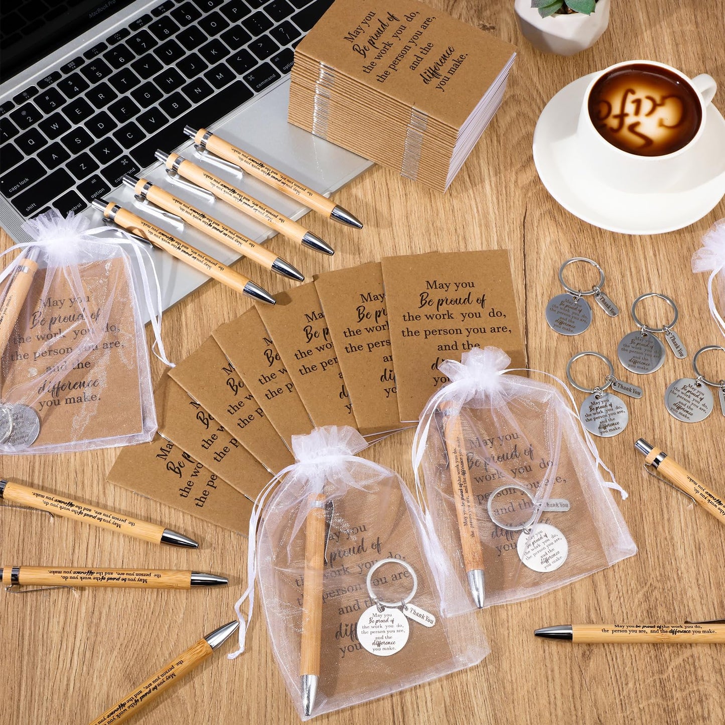 Kosiz 50 Sets Employee Appreciation Gifts Bulk Thank You Notebooks Bamboo Pens Keychains Back to School Gifts for Students