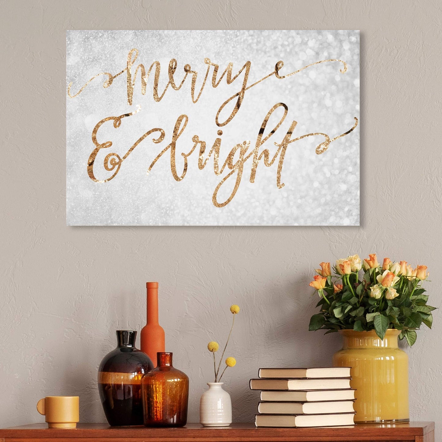 Wynwood Studio Holiday and Seasonal Wall Art Canvas Prints 'Merry & Bright' Christmas Home Décor, 30" x 20", Gray, Gold