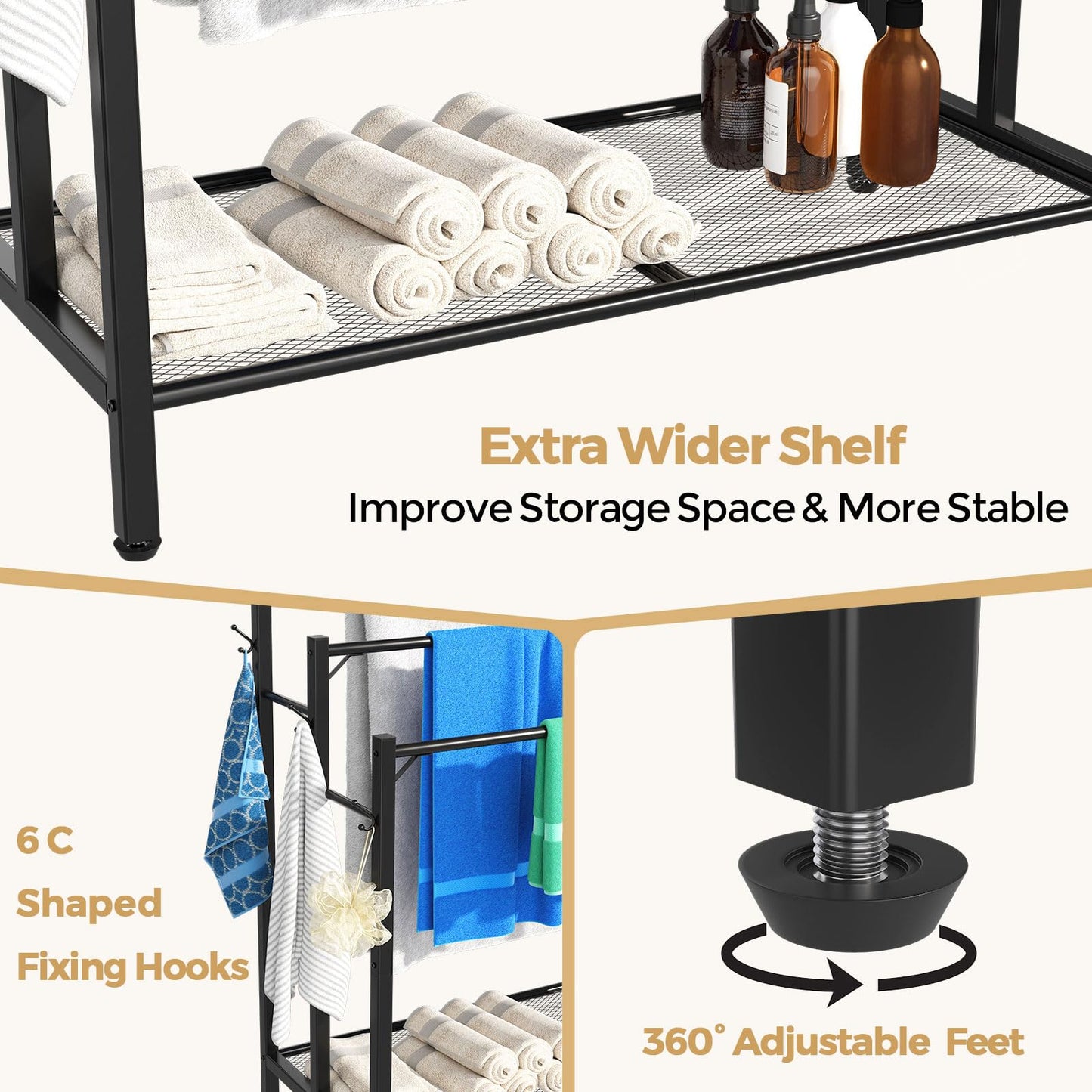 HavenlyYouth 3 Tier Towel Rack with Large Storage & 6 Hooks, Blanket Rack for Oversized Bath Towels, Free Standing Pool Towel Rack Stand for Bathroom Pool Indoor/Outdoor, 35.8" H x 31.5" L x 11.8" W