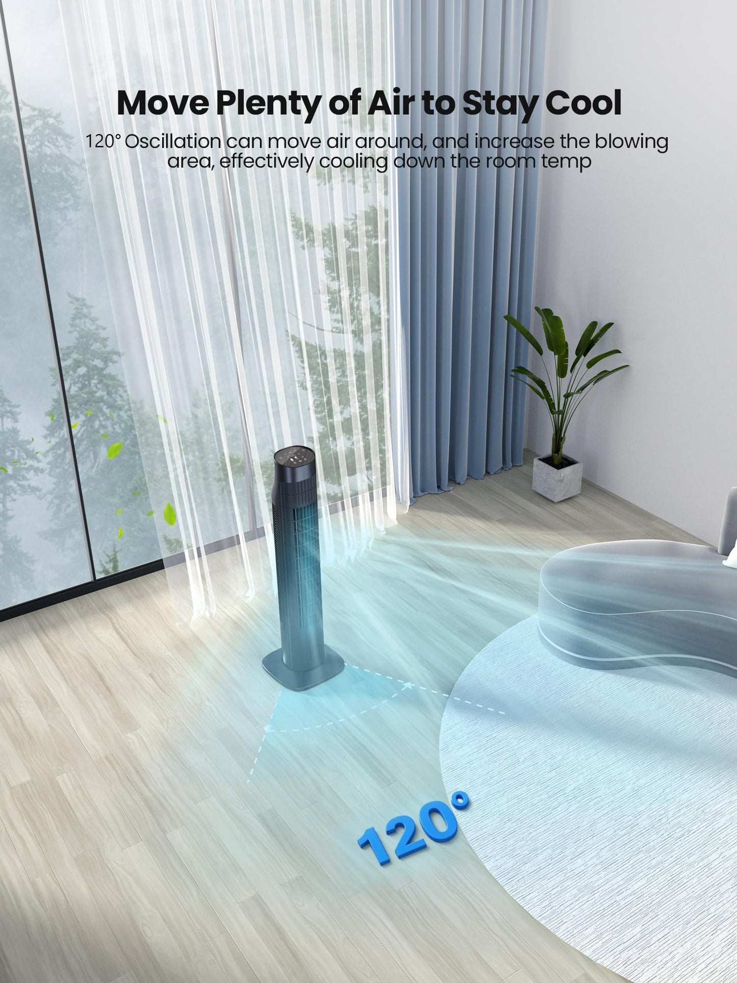 Uthfy Tower Fan for Bedroom, 120° Oscillating Standing Fan with Quiet Sleep Mode, 3 Speeds & 3 Modes, 7.5H Timer, Remote/Touch Control, Bladeless Floor Fans for Living Room, Office, Black