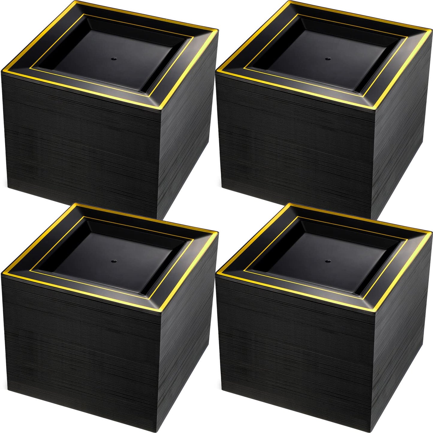 Gandeer 200 PCS Black and Gold Plastic Dessert Plates Square 6.5 Inch Disposable Appetizer Cake Salad Plates Silverware with Gold Rim for Wedding Birthday Anniversary Party