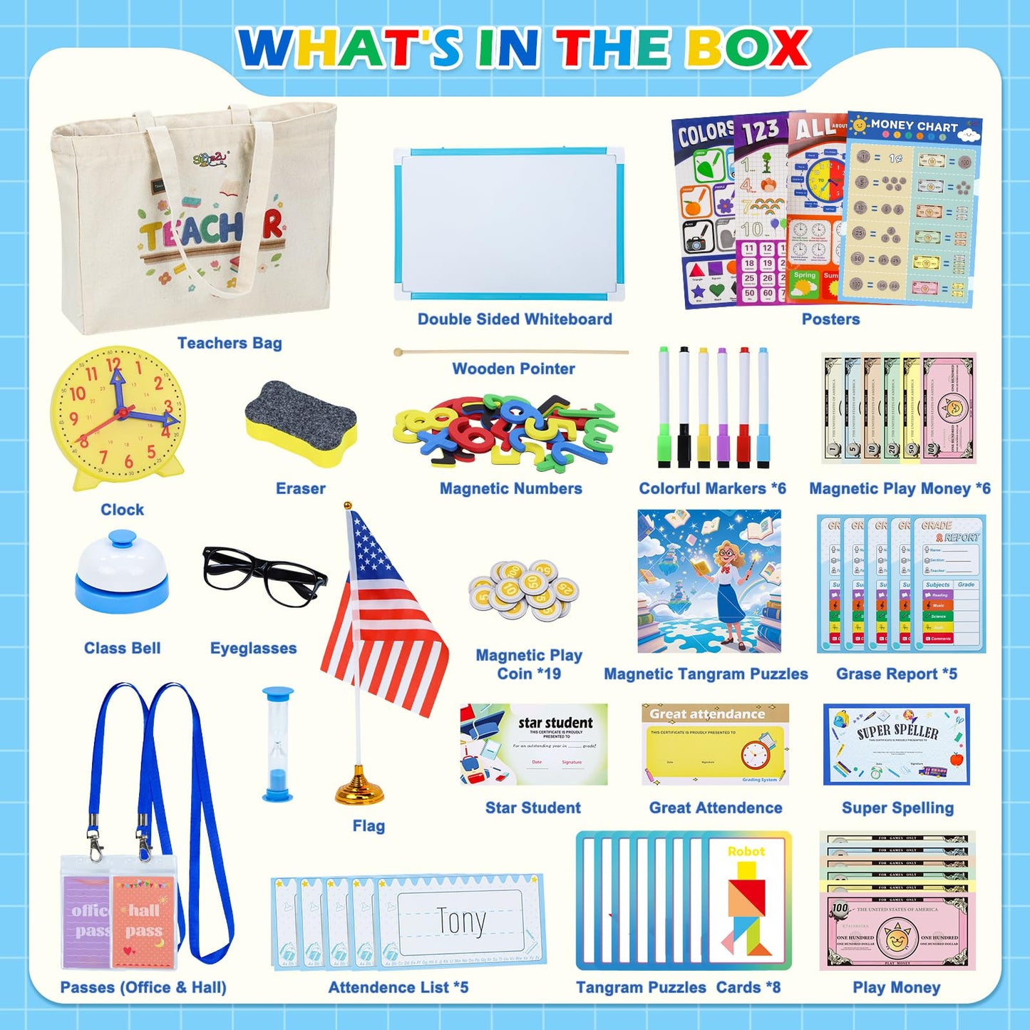 Gifts2U - Pretend Teacher Play Set for Kids, School Toys for Girls and Boys with Teacher Bag, Chalkboard, Play Money, Learning Clock, Educational Posters and