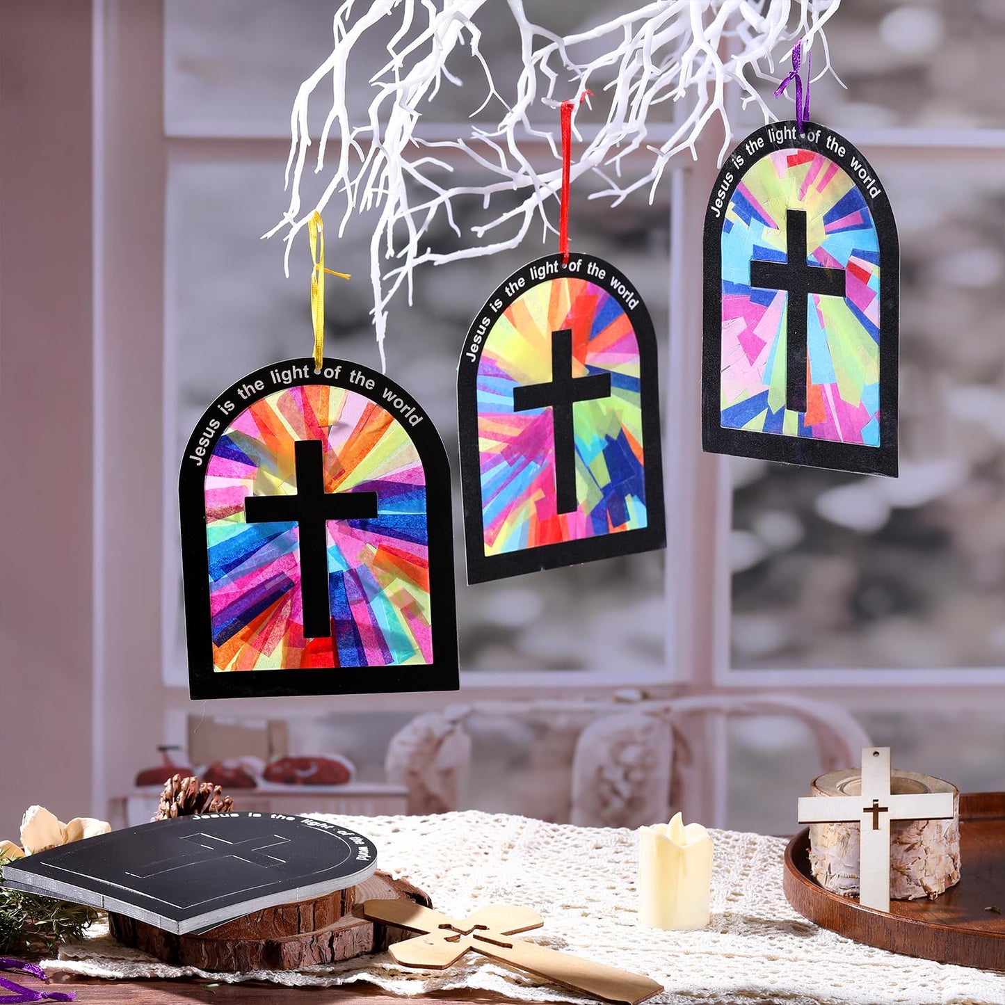 Motipuns 32 Sets Christian Tissue Paper Cross Craft Kit for Kids Jesus is The Light of The World DIY Religious Art Activity for Sunday School VBS Easter Church Decoration Bulk Pack