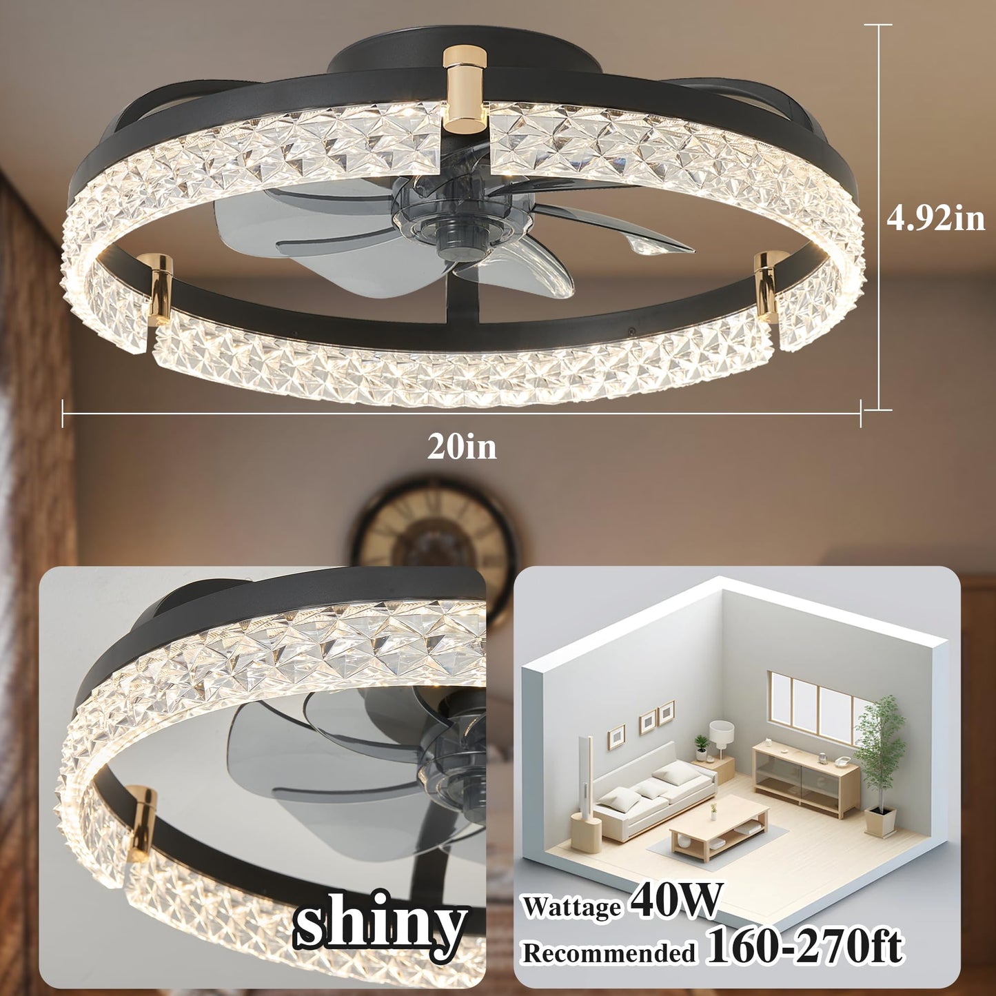 DIAMONDFORGE Ceiling Fans with Lights and Remote Fandelier - Low Profile Modern - 20'' Flush Mount Ceiling Fans for Bedroom,Stepless Color Temperature and 6 Speeds- Black and Crystal