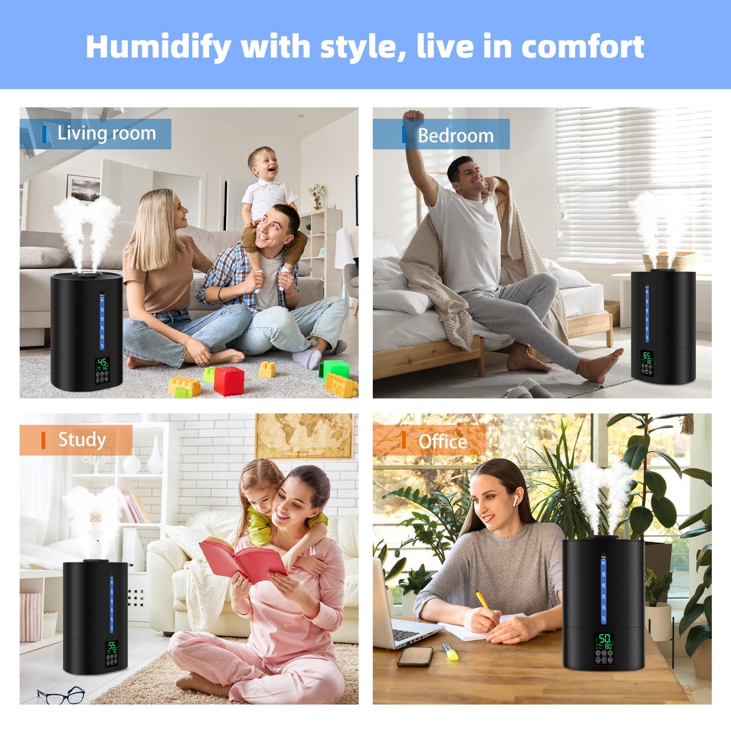 6L Humidifiers for Bedroom Large Room Home, Cool and Warm Humidifier for Plants Mist Top Fill Desk Humidifier Essential Oil Diffuser, Quiet Humidifiers with Adjustable Mist,360°Nozzle-Black