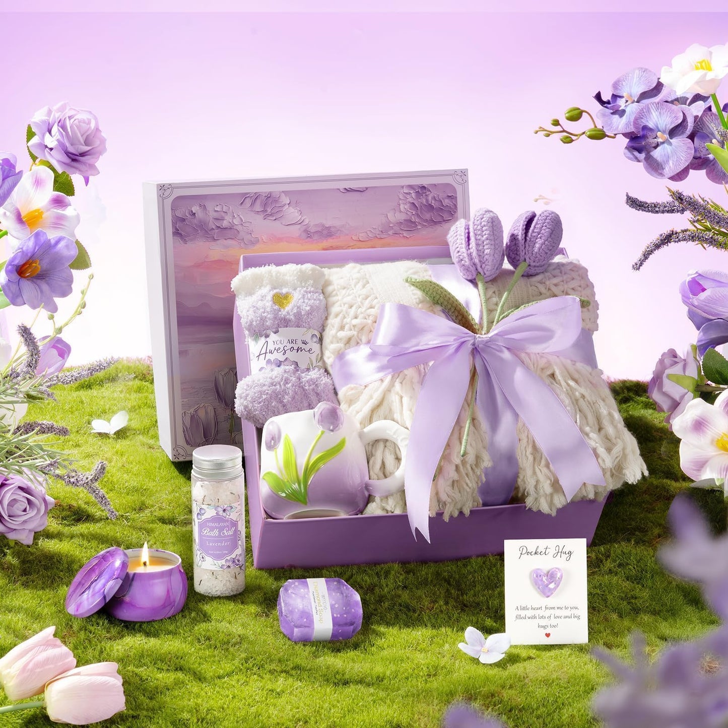 Birthday Gifts for Women Self Care Set Get Well Soon Gift Baskets, Relaxing Lavender Spa Gift Basket Care Package for Women, Unique Easter Gifts for Mom Her Girlfriend Sister Best Friends Wife