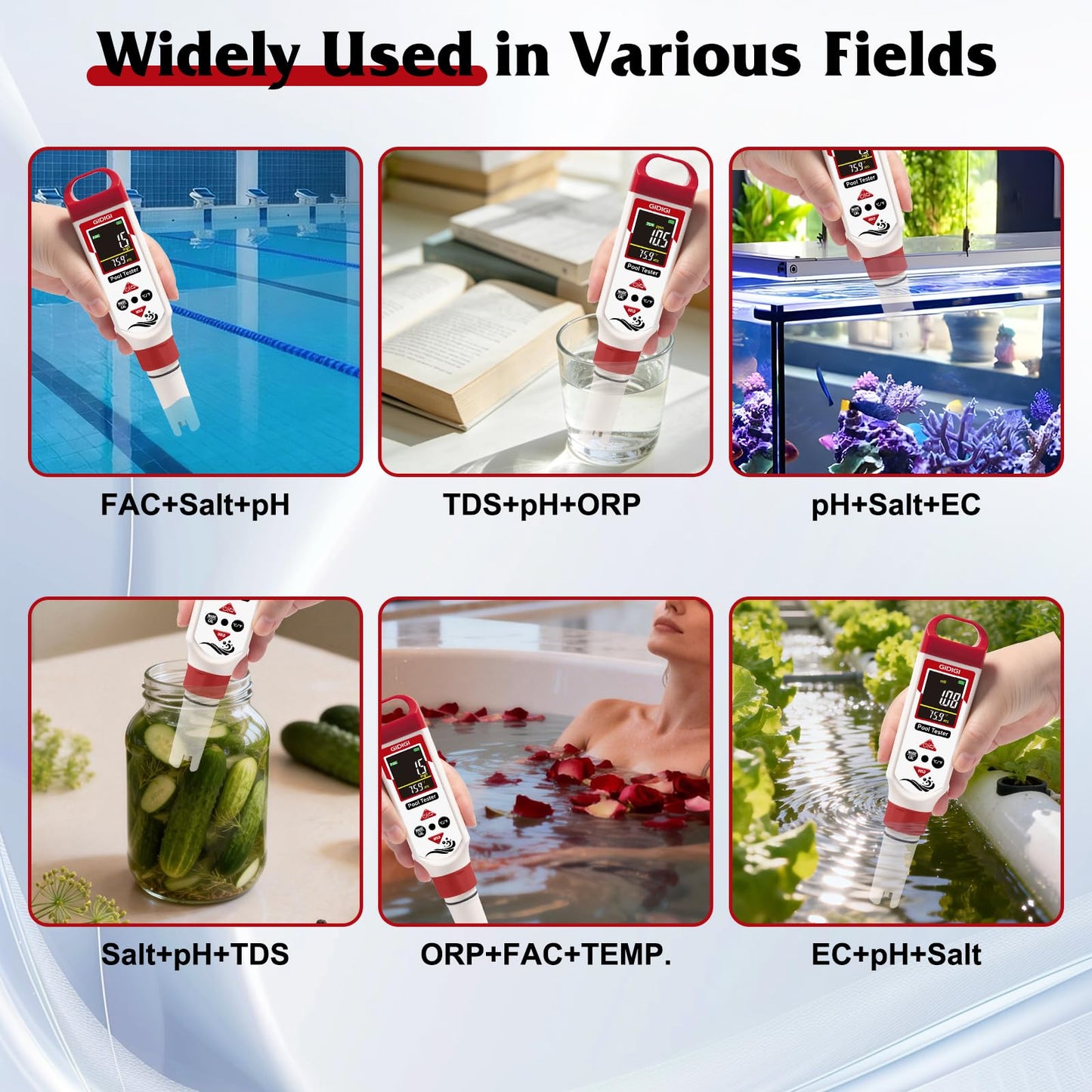 GIDIGI pH Chlorine Meter Digital 7 in 1, Pool ORP Salinity Meter Test pH CL Salt ORP EC TDS Temp, for Pools Aquariums Hydroponics Drinking Water Hot Tubs, Water Test Kit, with Calibration Solution