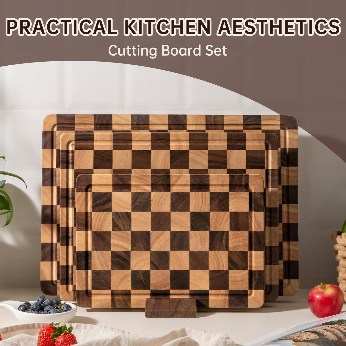 FYCTIO Cutting Board Set, Acacia Wood Checkered Cutting Boards for Kitchen, 3 pcs Chopping Board with Juice Grooves & Handles, Butcher Block Serving Tray for Meat, Vegetables and Fruits with Gift Box