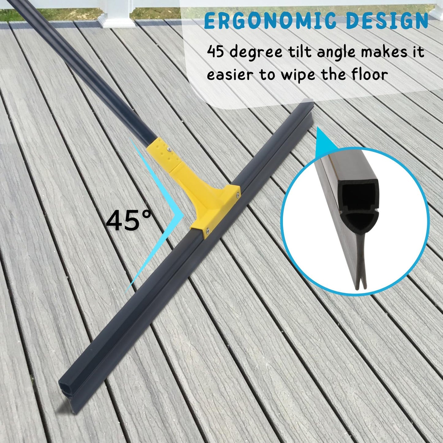 Floor Squeegee for Concrete, 30'' Large Rubber Broom for Tile, 59'' Long Handle Heavy Duty Water Wiper for Garage, Deck