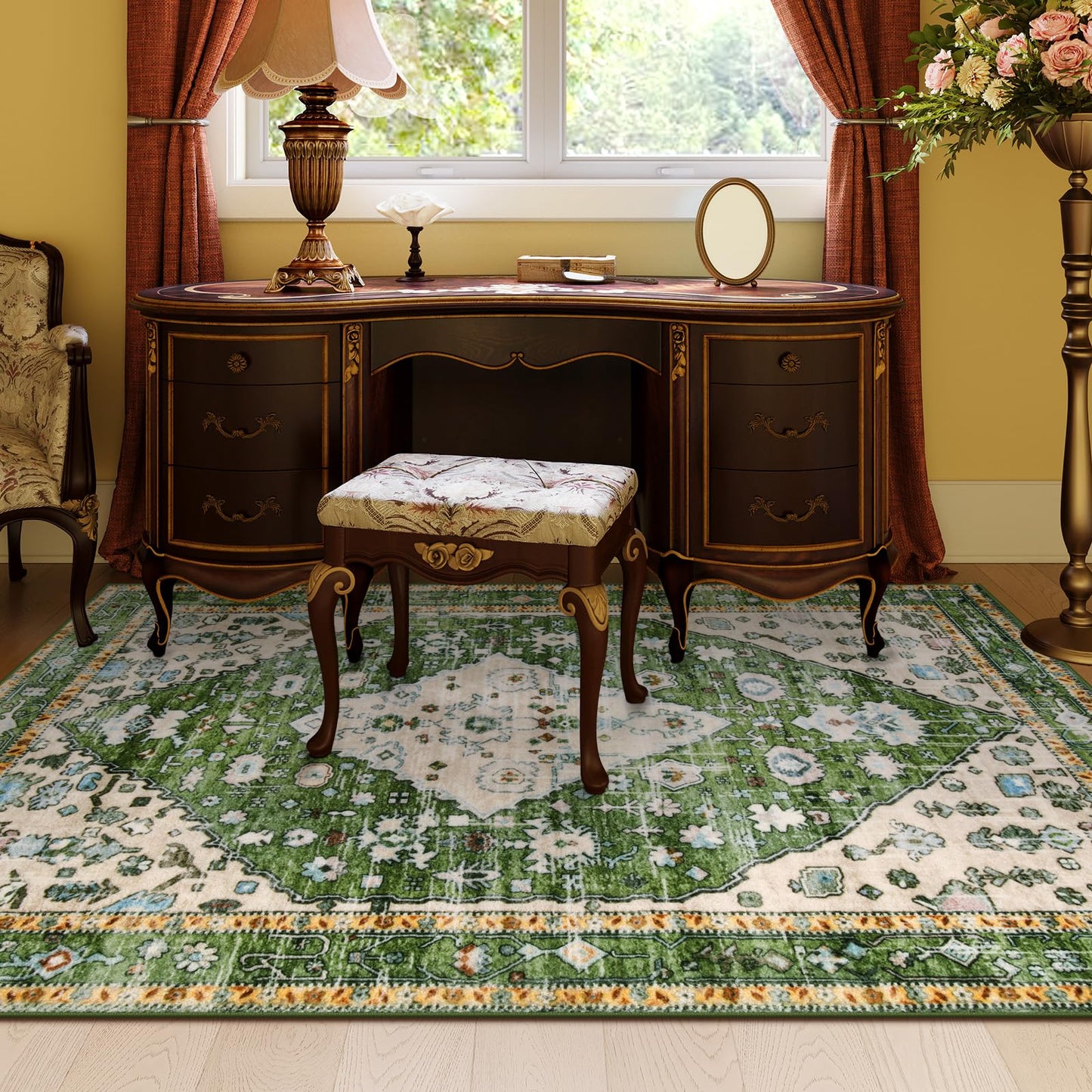 Lahome Boho Tribal Area Rug - 4x6 Green Machine Washable Bedroom Rugs for Living Room, Disstressed Soft Non Slip Indoor Nursery Floor Mat Carpet for Kitchen Table Home Office Camper RV Bar