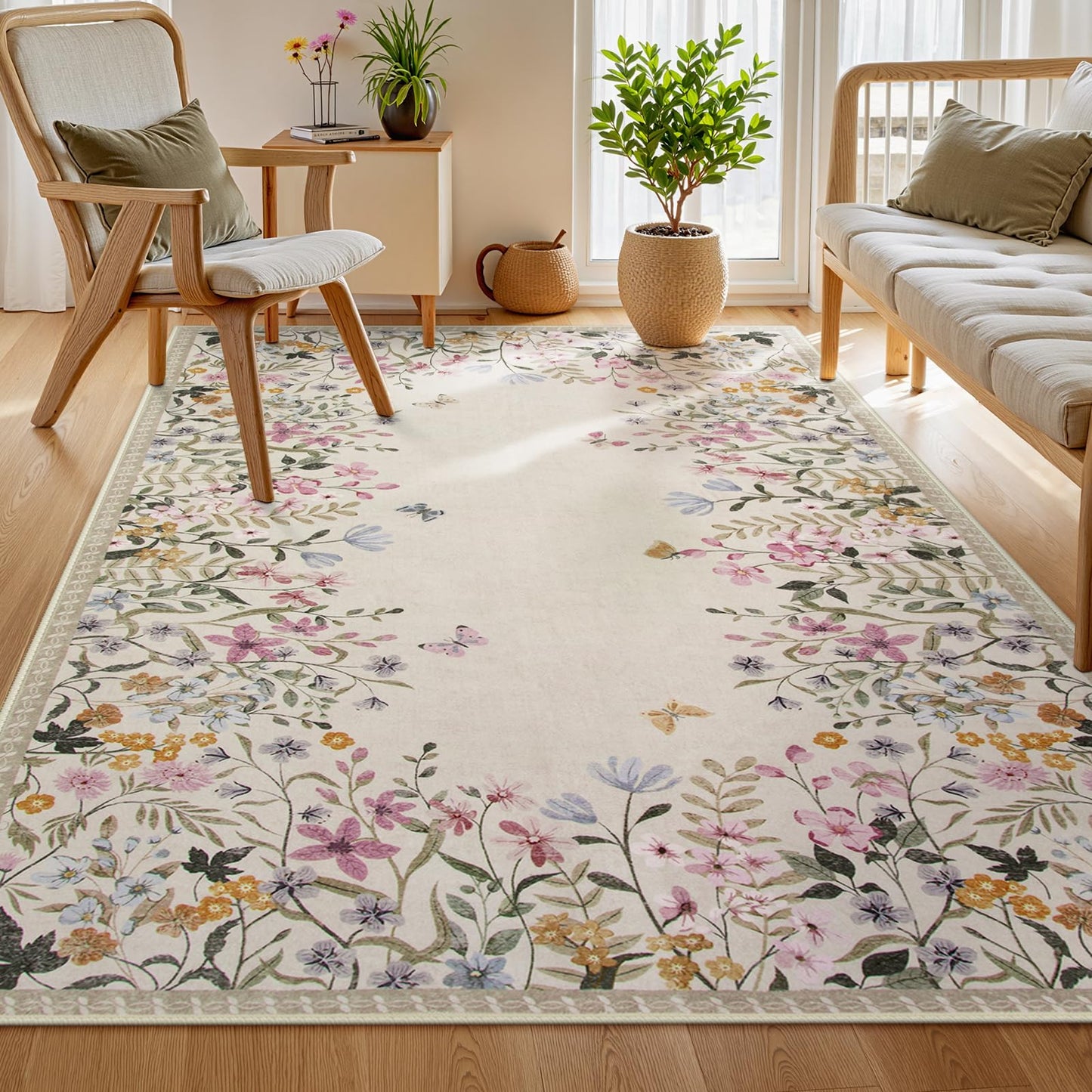 Wonnitar 5x7 Area Rug for Living Room, Floral Washable Rug for Bedroom, Boho Botanical Nursery Rug, Non Slip Soft Farmhouse Carpet, Beige Kids Playroom Decor (5x7 Beige)