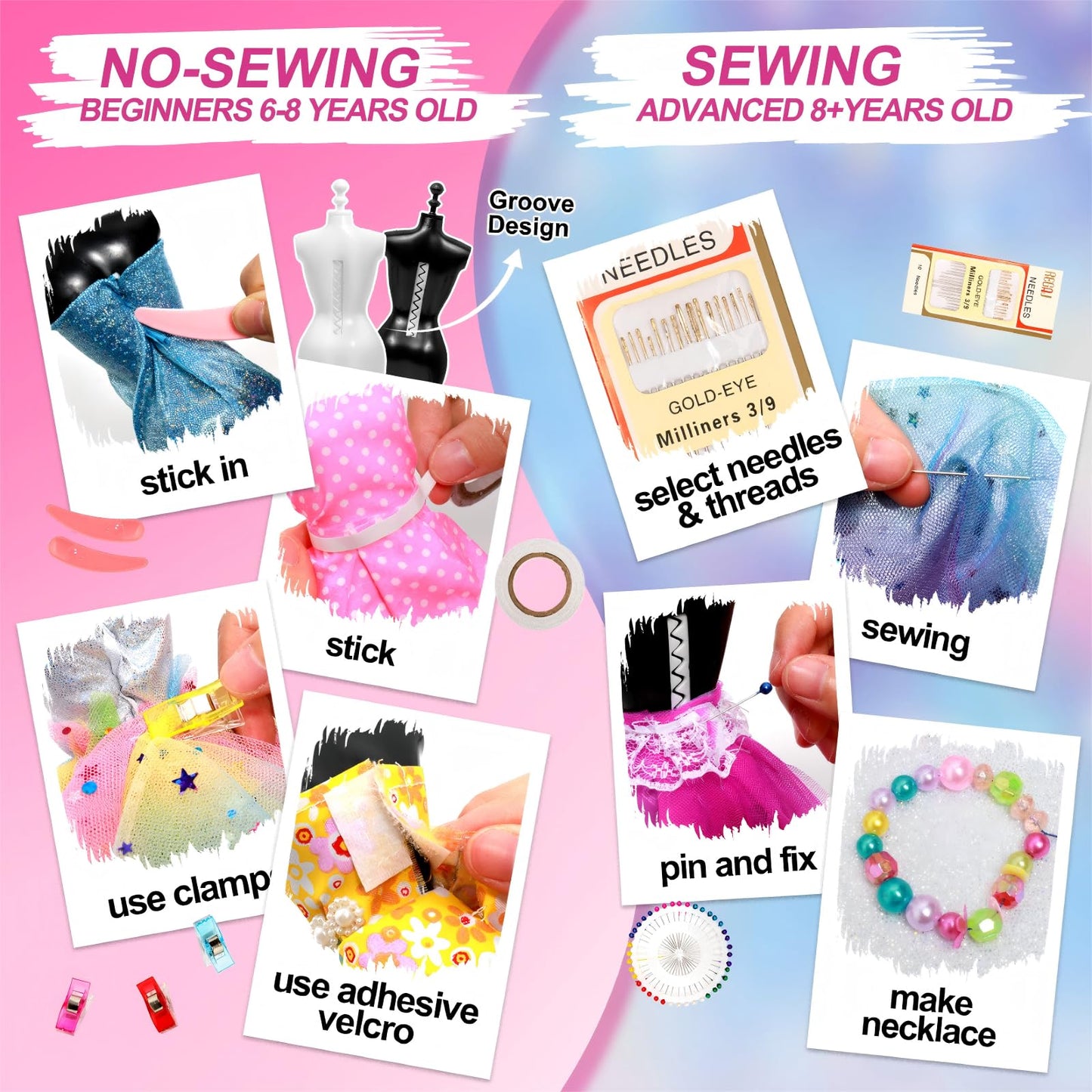 Axirata 1000+PCS Fashion Design Kit for Girls Creativity DIY Arts & Crafts Kit for Kids with 4 Mannequins, Fashion Designer Sketchbook, Sewing Kit for Teen Girls Birthday Gift Age 6 7 8 9 10 11 12+