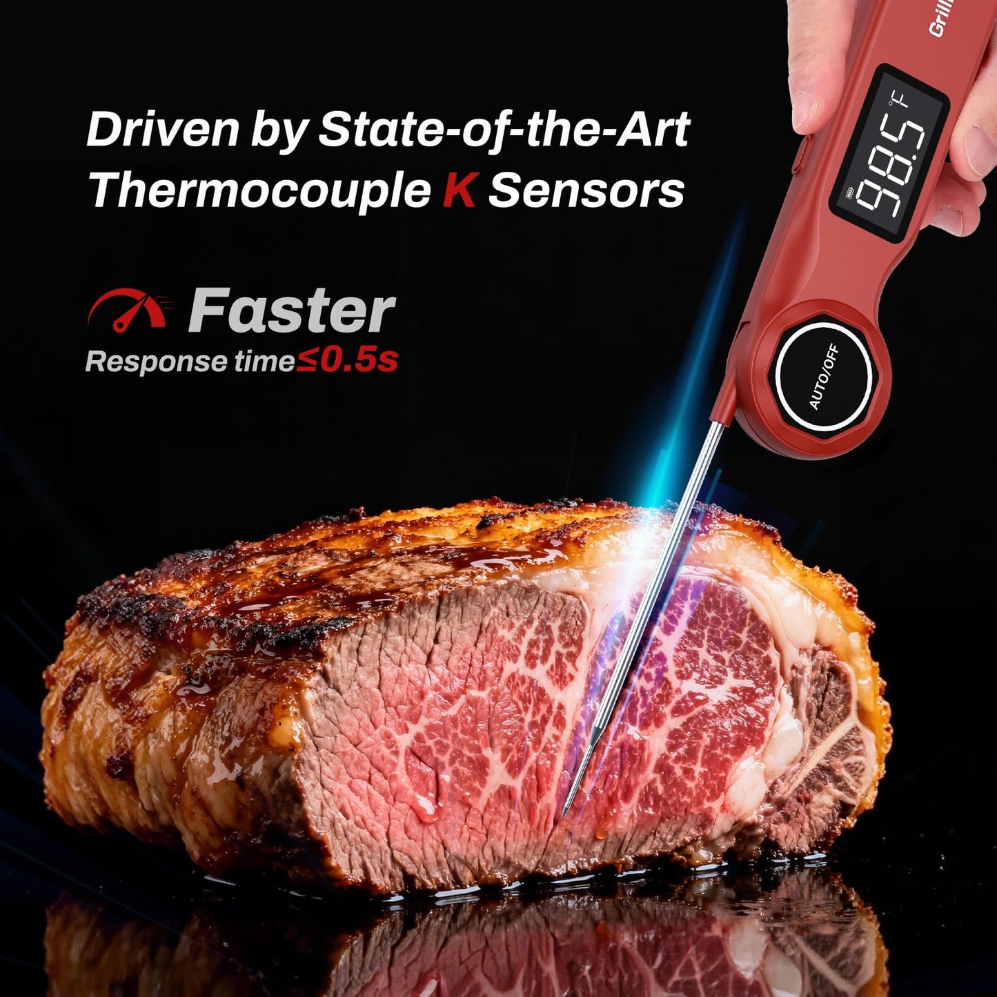 Instant Read Meat Thermometer, GrillBliss USB-C Rechargeable Digital Food Thermometer with 0.5s Fast Read & ±0.5℉ Accuracy, VA LCD Display, Cooking Thermometer for BBQ, Grill, Candy, Brewing