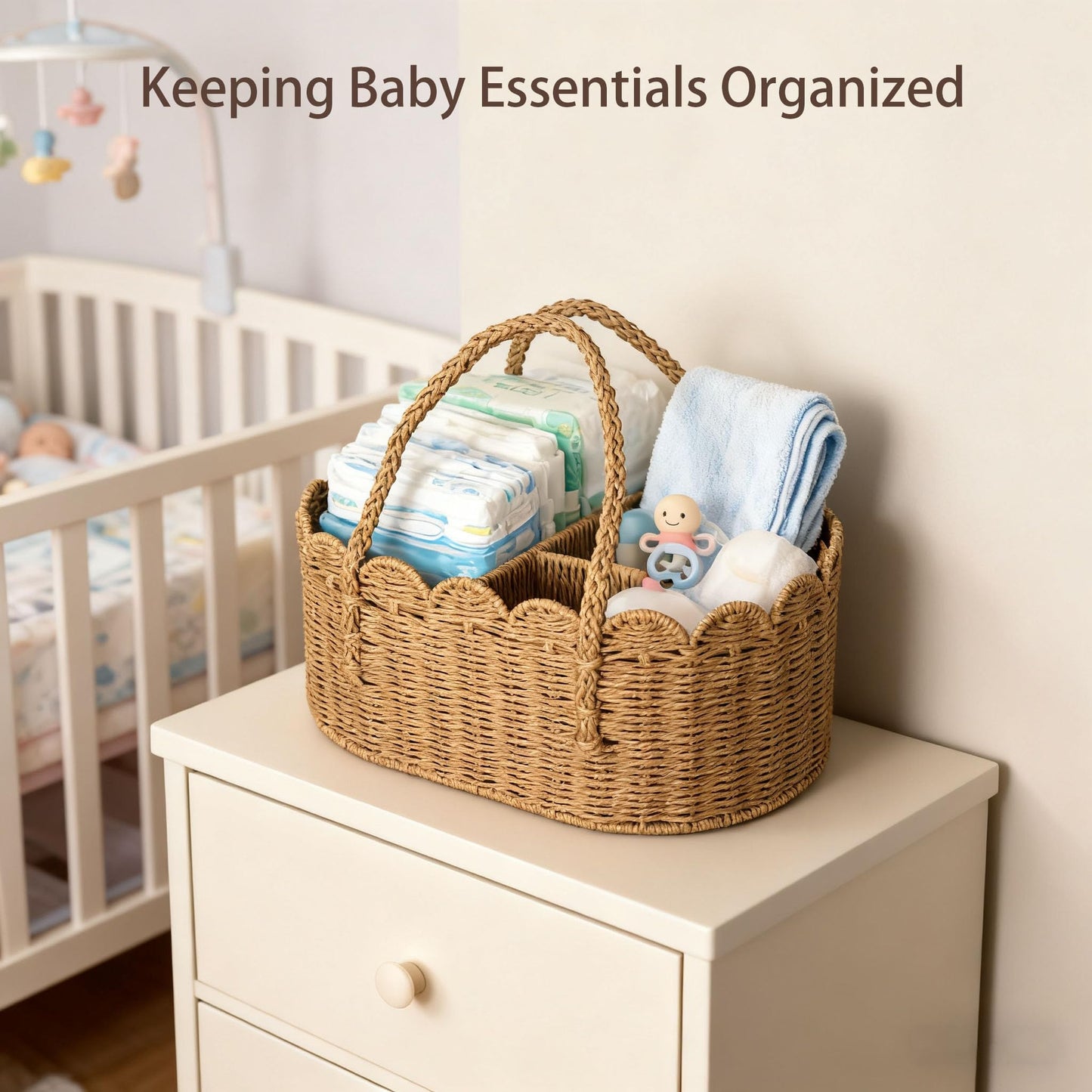 wwmayfeel Diaper Caddy Organizer, Paper Rope Storage Baskets Nursery Bin with Removable Divider, Portable Car Organizer for Diapers, Baby Shower Gifts, Newborn Essentials Must Haves