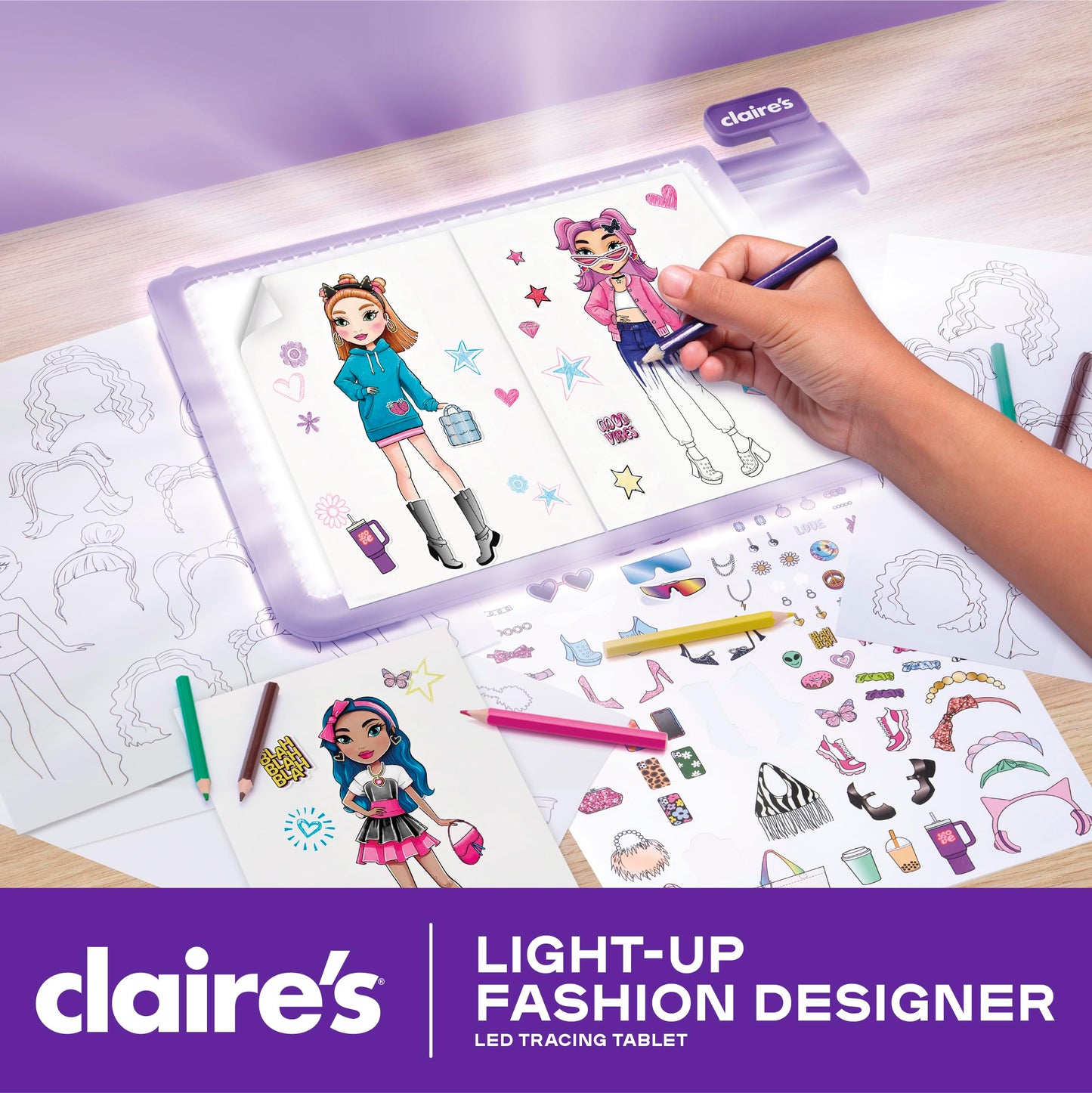 Claire’s Light-Up Fashion Designer LED Tracing Tablet – 330-Piece Design Kit with Templates, Stickers, Paper & Hidden Pencil Storage