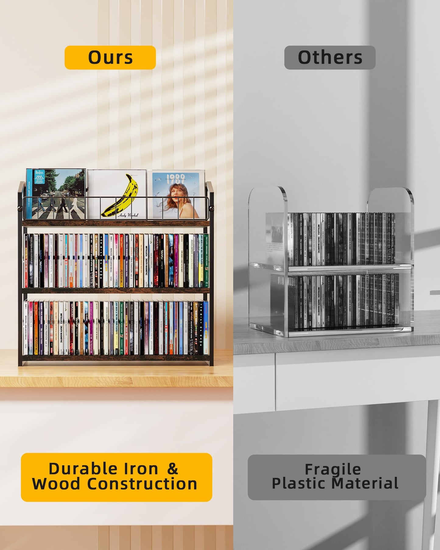 PAPAGIFTREE 3-Tier CD Holder, CD Storage and Rack for Display, Storage Organizer with Display Top Shelf, Premium Holder Shelf for Home, Office and Kitchen Counter Organizer Rack, Holds 123 CDs