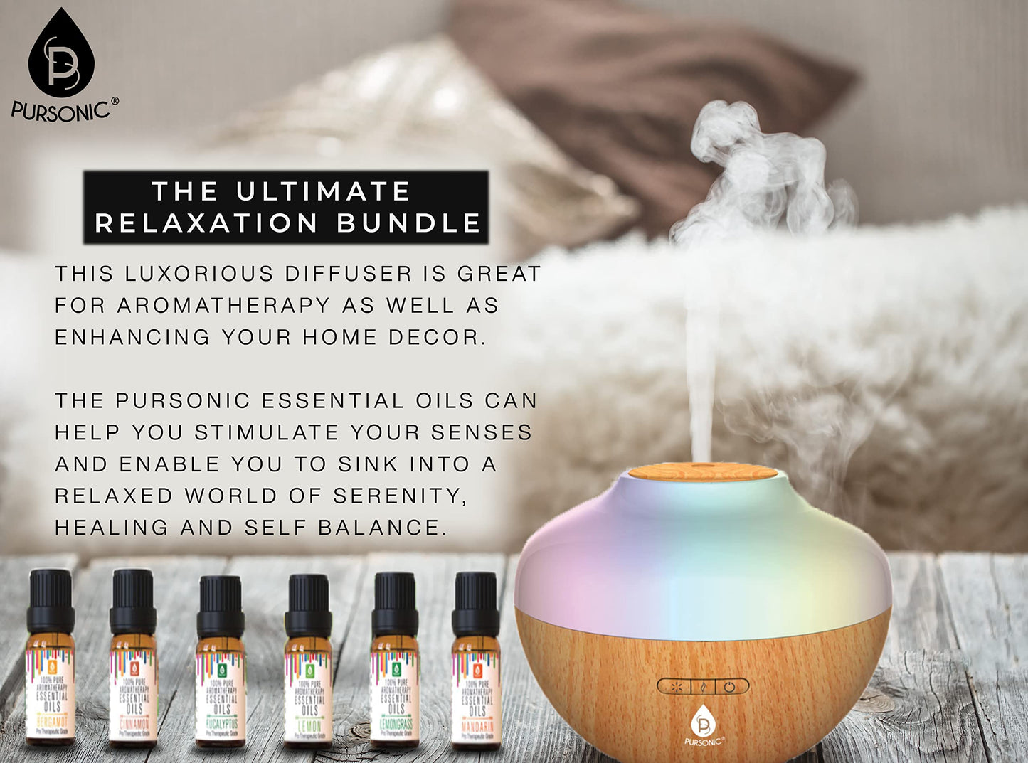 Pursonic Aromatherapy Diffuser & Essential Oil Set-Ultrasonic Diffuser & Top 14 Essential Oils-300ml Diffuser with 2 Mist Settings & 7 Ambient Light Settings-Therapeutic Grade Essential Oils