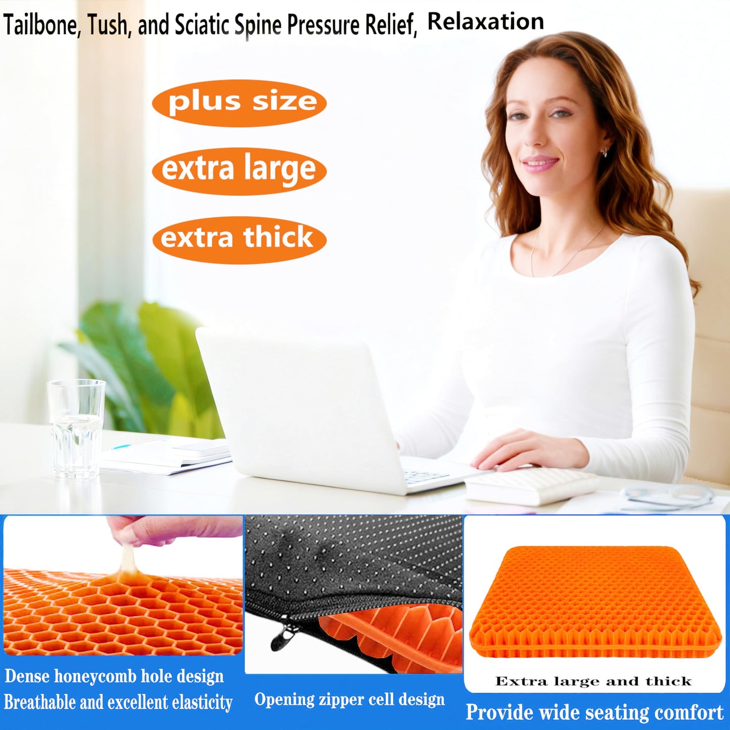 Plus Size Gel Seat Cushion for Long Sitting, Cooling Supportive Large Seat Cushion for Back, Hip, Sciatica, Tailbone Pain Relief, Use for The Office, Wheelchair, Car, Recliner, Stadium, Kayak.(Orange)