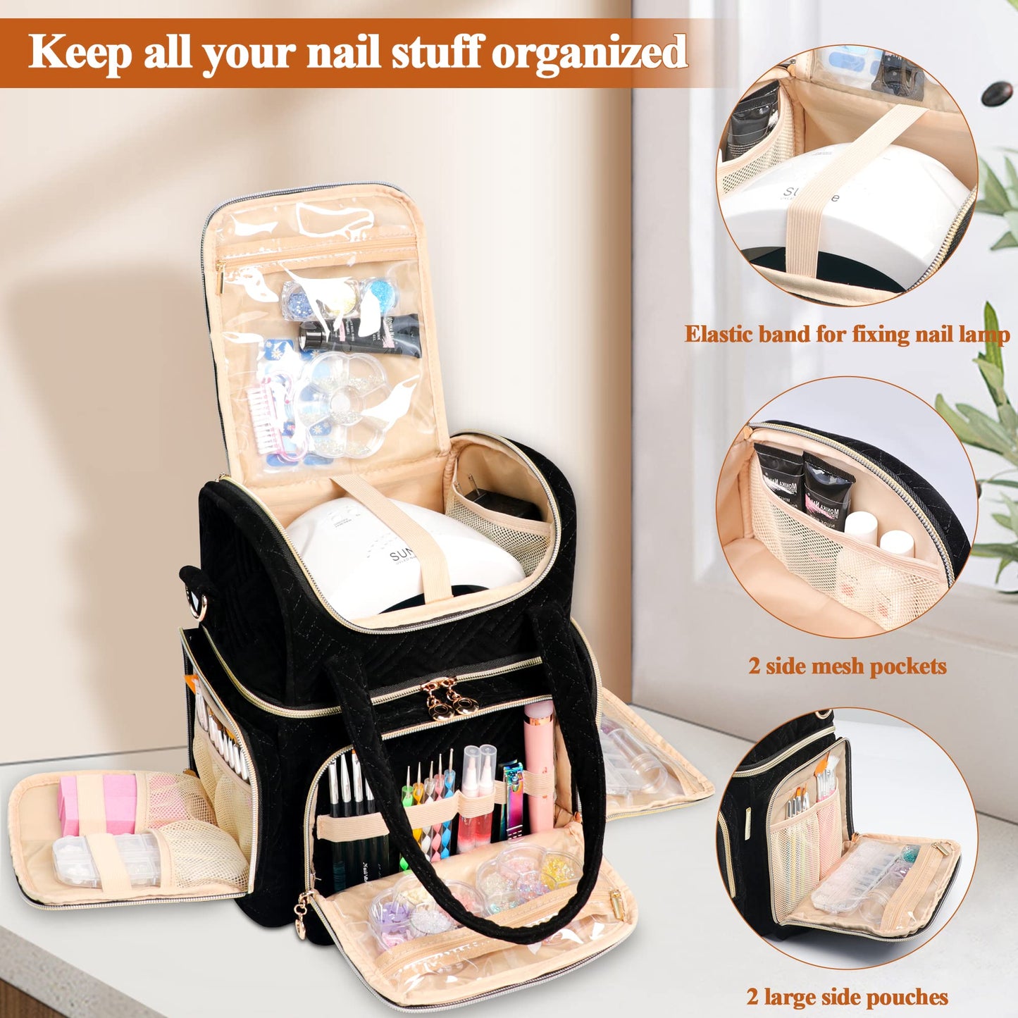 ahzske Nail Polish Organizer Bag Holds 70 Bottles& Nail Lamp, Velvet Nail Kit Storage Carrying Case with 2 Removable Pouches, Portable Nail Supplies Shoulder Bag for Manicure Tools (Elegant Black)