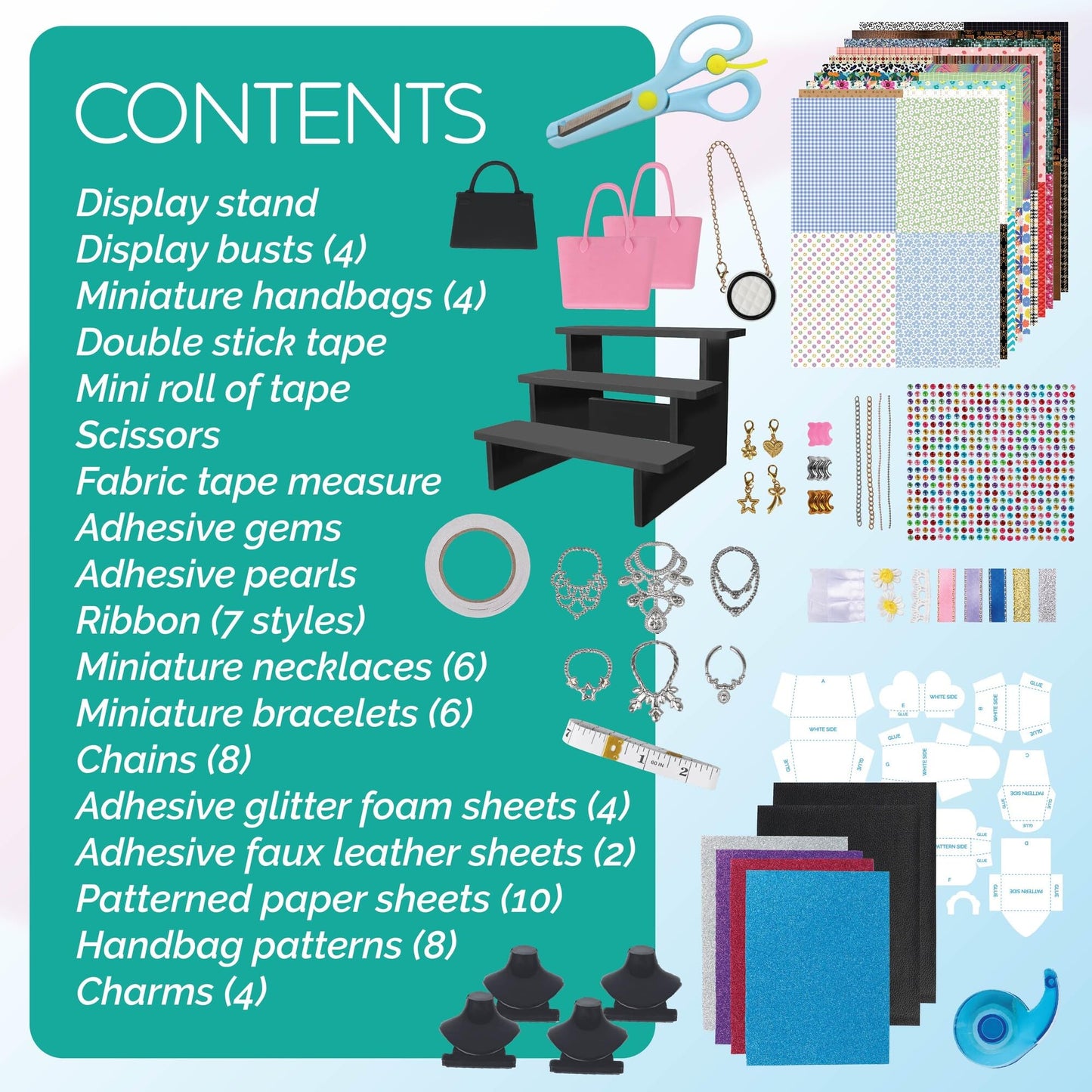 MindWare Run The Runway: Accessories – Fashion Design Kit for Creating Mini Handbags, Clutches, Necklaces & Bracelets – No‑Sew Craft Kit with 350+ Trims, Ribbons, Patterns & Display Stand – Ages 8+