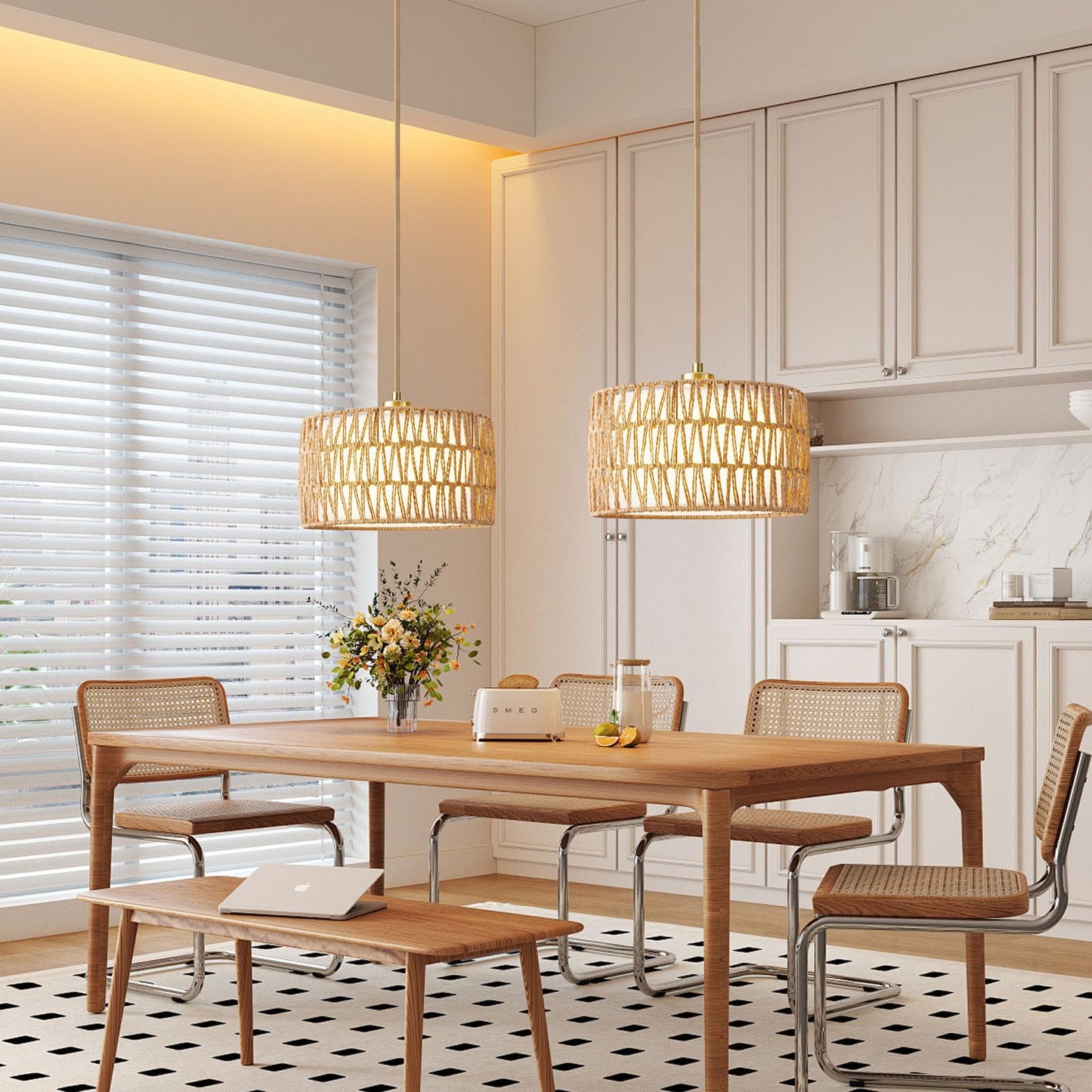 Beser·Win Plug in Pendant Light Rattan Hanging Lights with Plug in Cord, Woven & Fabric 2 in 1 LampShade, Hanging Lamp Plug in for Bedroom Living Room Kitchen Island (Bulb Included)