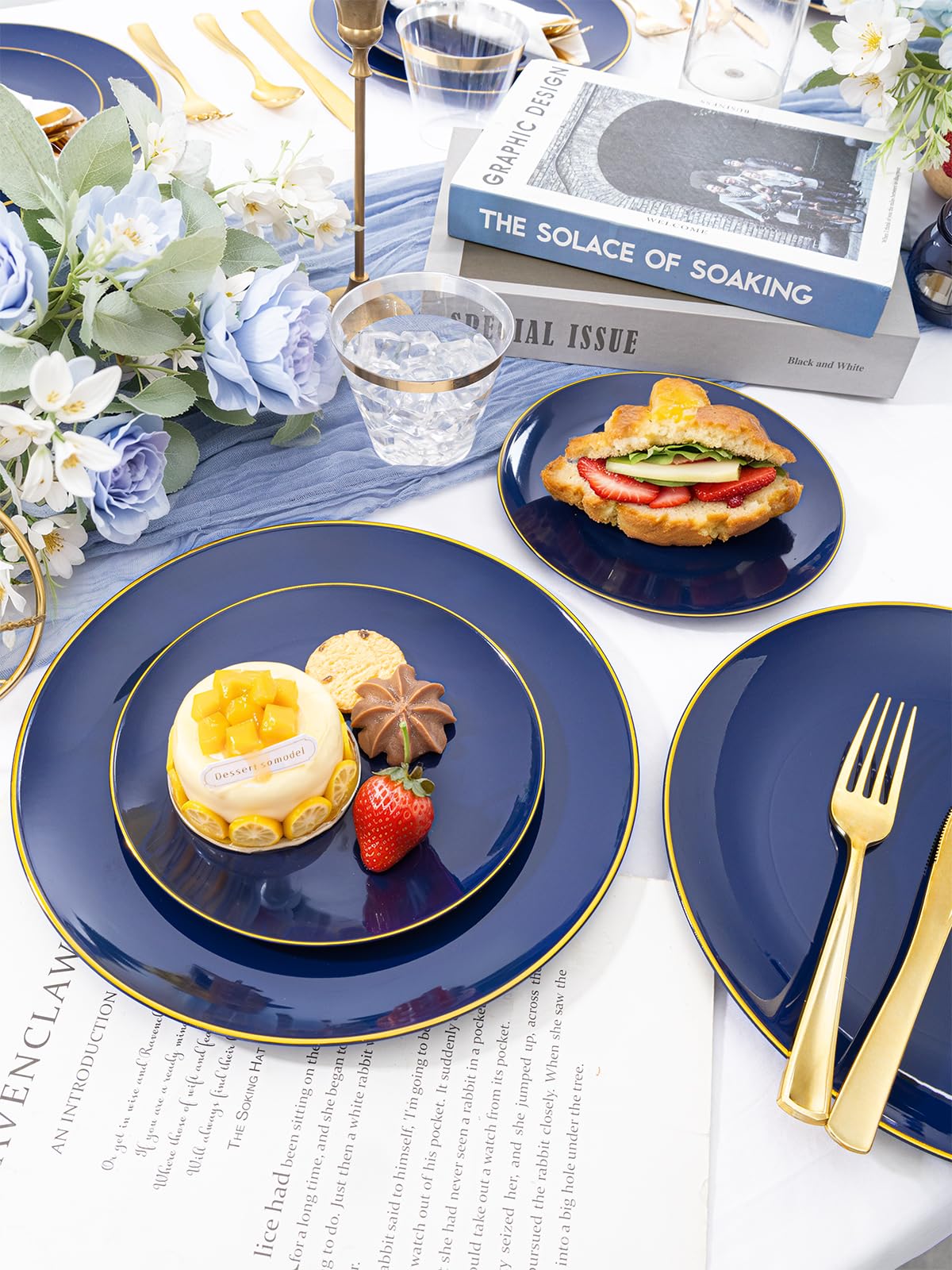 WDF 300PCS Navy Blue Plates Disposable - Blue Plastic Plates 50guest Heavy Duty Plastic Dinnerware Sets for Party/Wedding/Birthday/Graduation