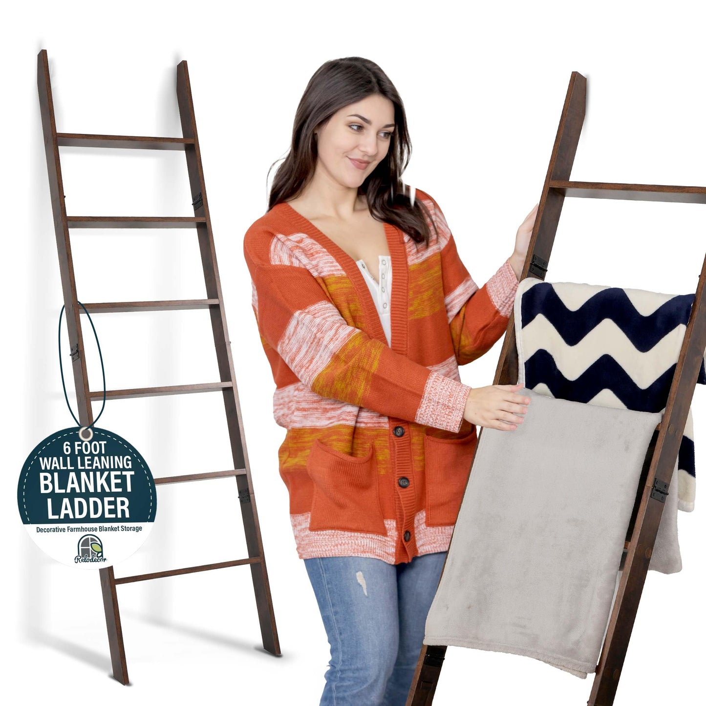 Blanket Ladder for Living Room and Bedroom, 5ft 8 inch, 6-Tier Wall Leaning Laminate Snag Free Construction (Rustic Hickory) Rustic Decorative Farmhouse Blanket Storage, Quilt Rack, Ladder Shelf