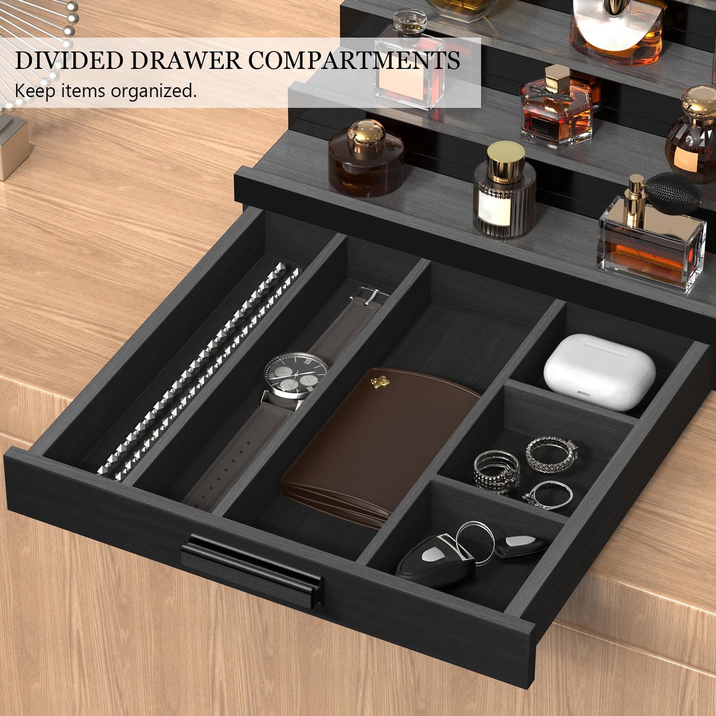 Zaldia Wooden Cologne Organizer for Men 5 Tier of Perfume Display Holder of Drawer & 2 Hidden Compartments Larger Storage Space Mens Perfume Organizer Shelf Stand,Gift for Man (5T-Black)