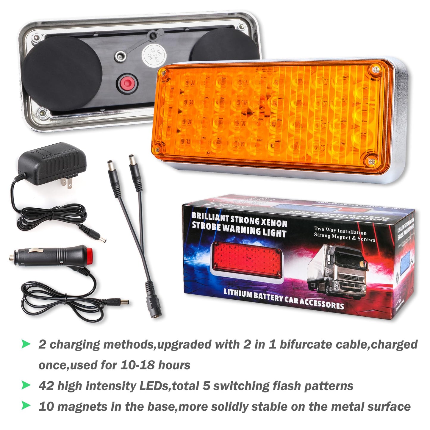 Upgraded 2pcs Magnetic Strobe Flashing Hazard Amber beacon Lights for Trucks Trailer Vehicles Wireless Portable 42 LED Trailer Tail Plow Marker Warning Rechargeable Overside Road Light 5 Patterns
