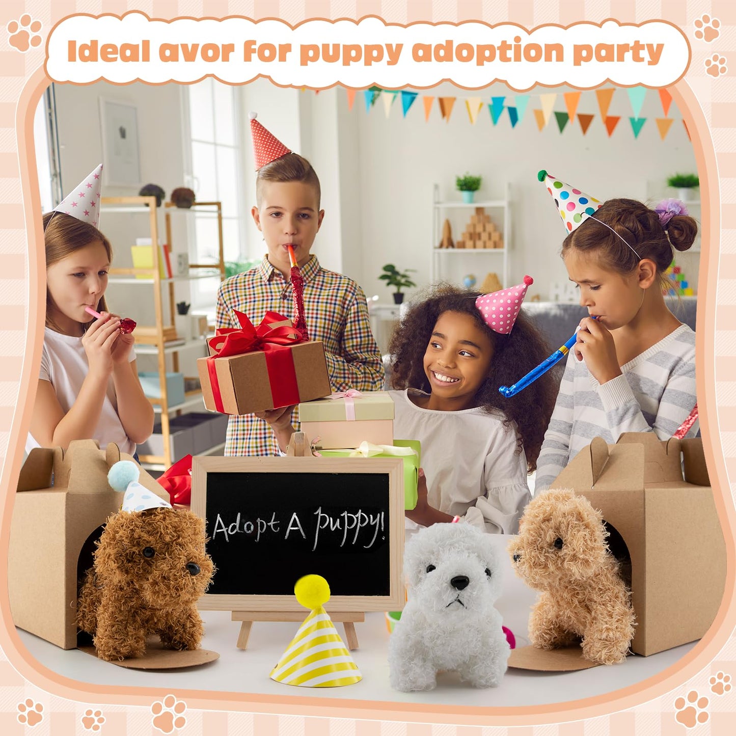Rigibright 90Pcs Adopt A Puppy Party Favors Mini Plush Stuffed Animals Set Includes 24 Mini Dogs Birthday Hats White Plastic Fence with Artificial Lawn for Adopt A Pet Theme Birthday Party