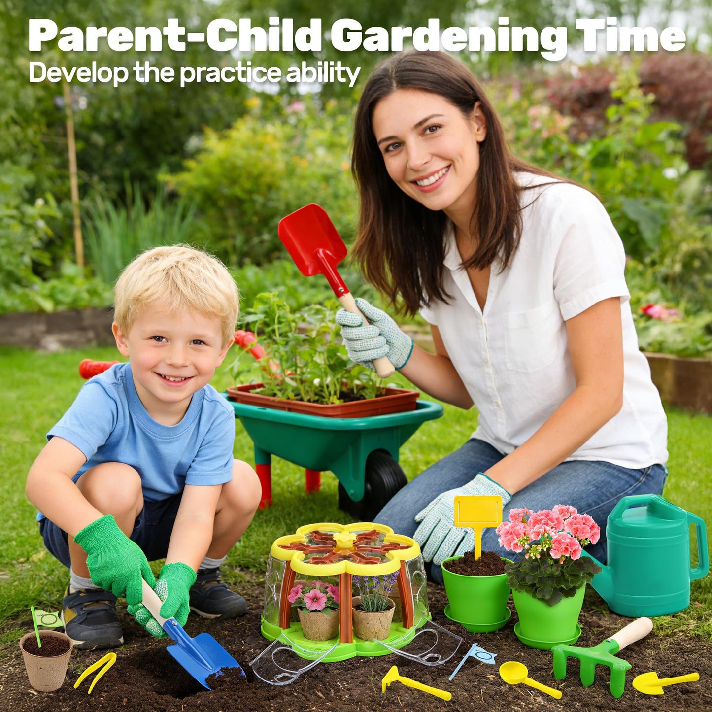 CUTE STONE Kids Gardening Tools Set with Wheelbarrow, 2 Shovel & Rake, Gloves, Watering can, Kids Plant Growing Kit - Complete Kids Greenhouse & Flower Growing Kit with Upgraded Irrigation