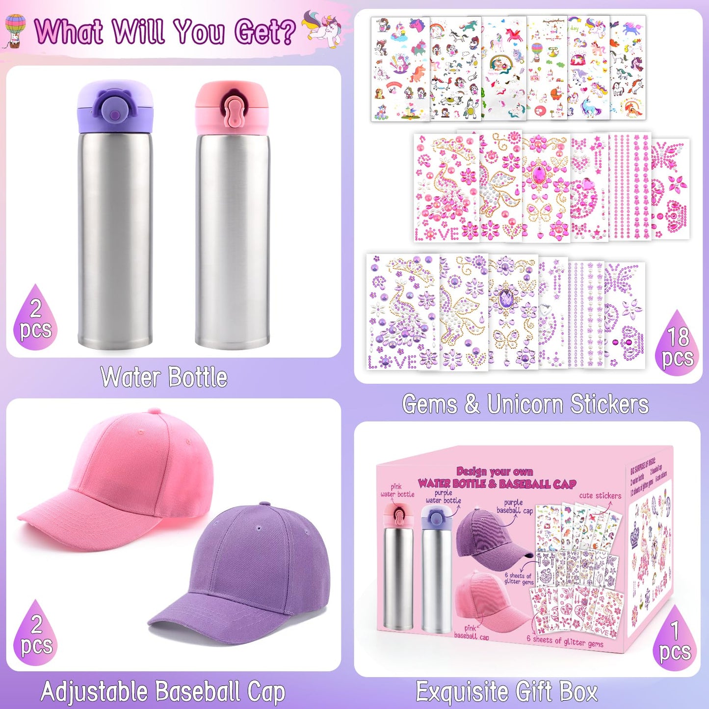 Distasio Unicorn Water Bottles Girls Personalized Water Bottles Kids, Decorate Your Own Water Bottle Baseball Cap w/ 18 Sheets of Unicorn Stickers and Glitter Gems Gifts Girls 6-12 Year Old