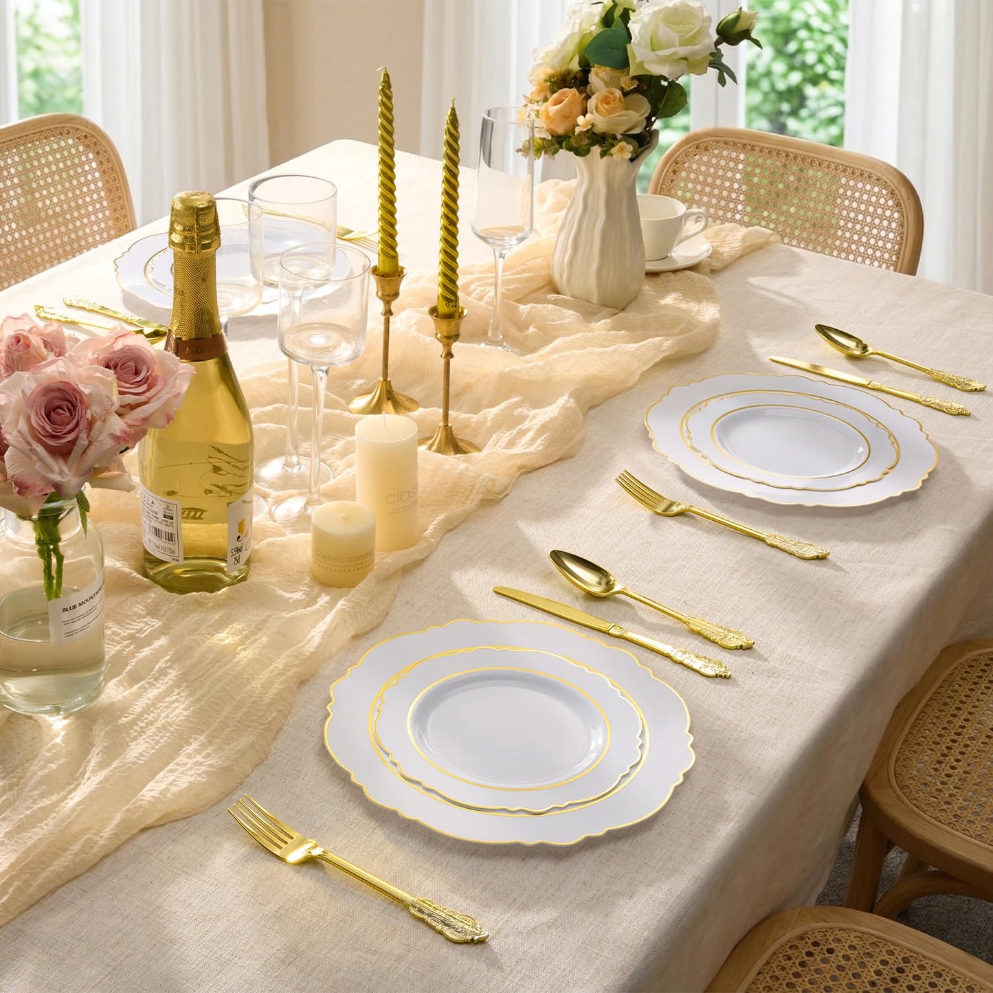 realluck 100PCS White and Gold Plastic Plates, Elegant Disposable Party Plates - 50 Dinner & 50 Dessert Plates, fancy plastic plates for Wedding, Anniversary