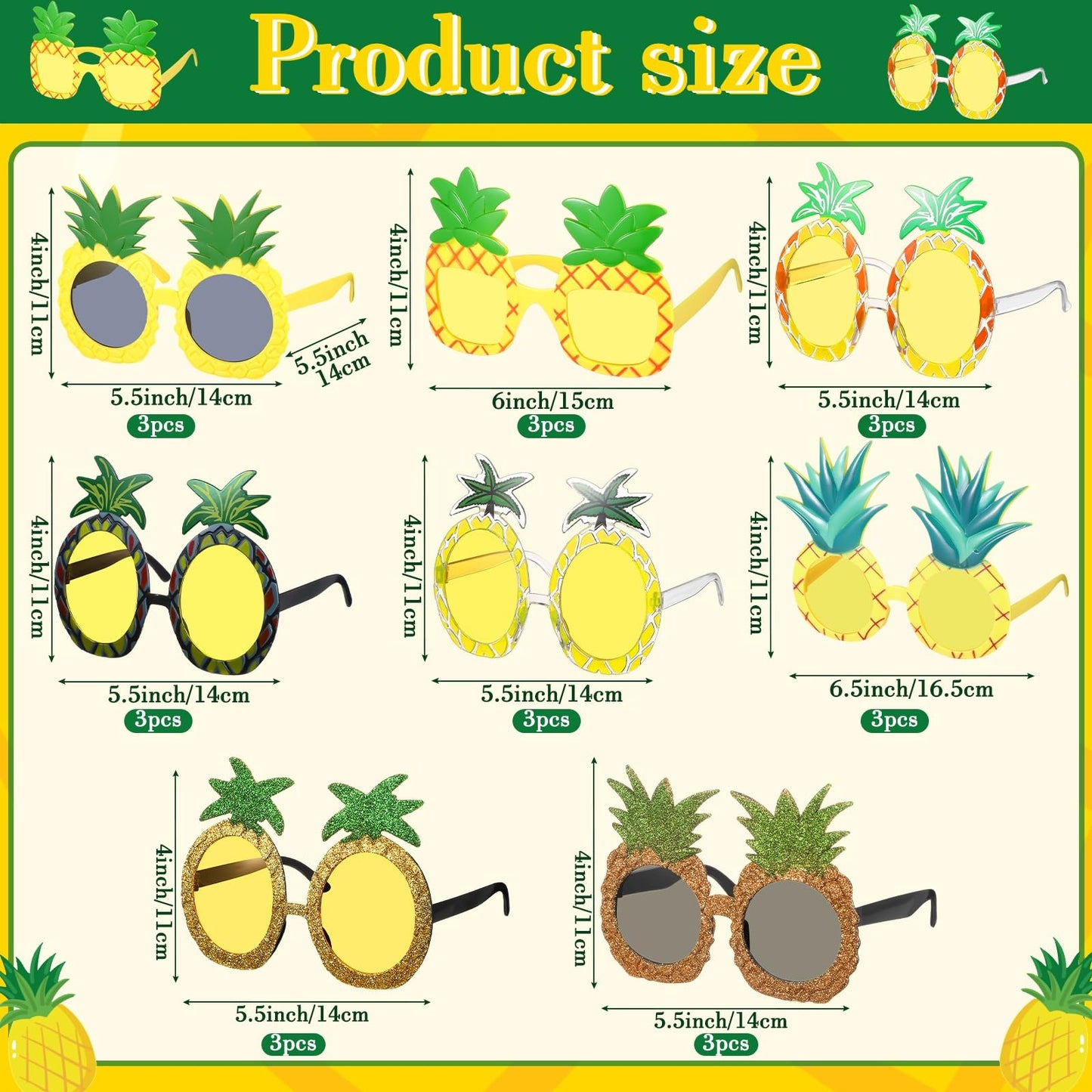 Kanayu 24 Pairs Pineapple Sunglasses Luau Party Sunglasses Tropical Hawaiian Fruit Shape Eyewear Novelty Booth Props Pineapple Party Favors for Summer Pool Beach Luau Theme Party Accessories