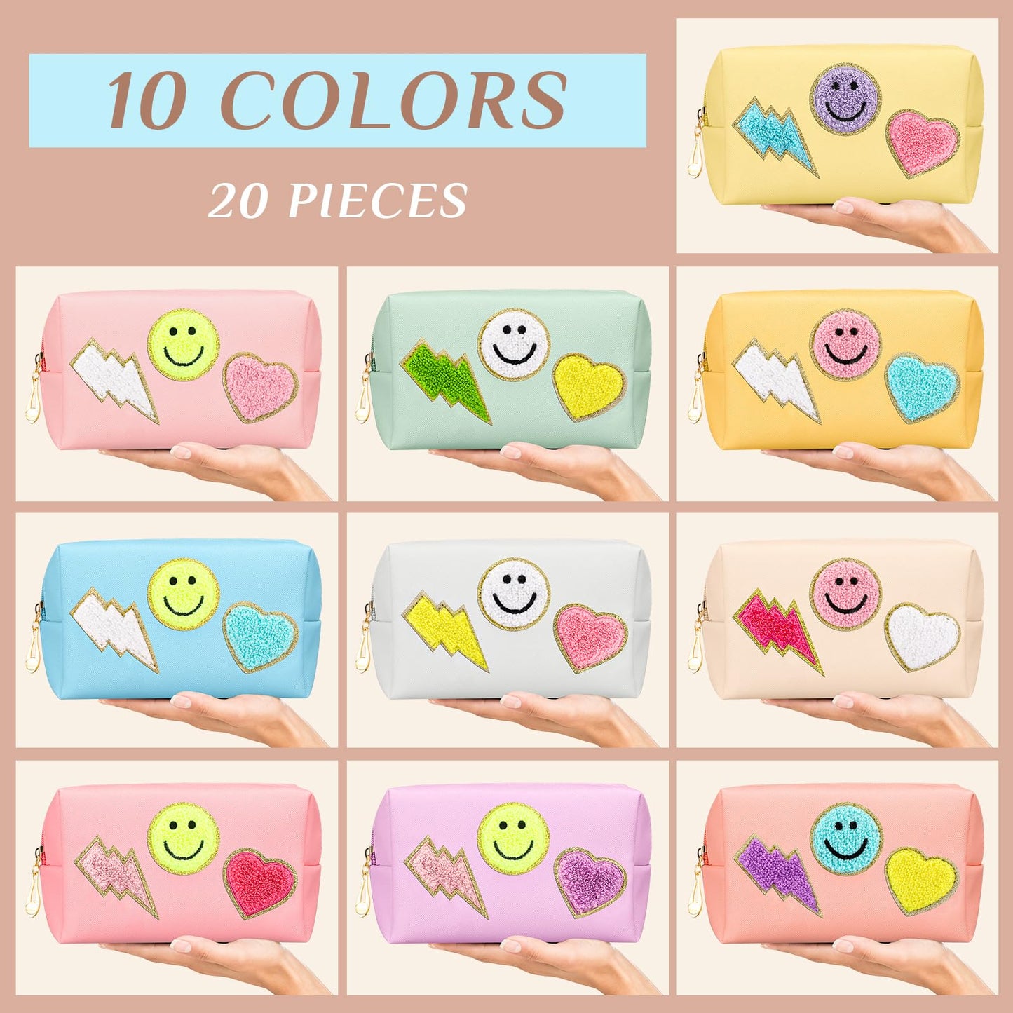 Sanwuta 20 Pieces Preppy Patch Makeup Bag Bulk Chenille Letters Bags PU Leather Aesthetics Cosmetic Organizer Smile Lightning Heart Toiletry Pouch Portable Waterproof Zipper Storage Purse for Women